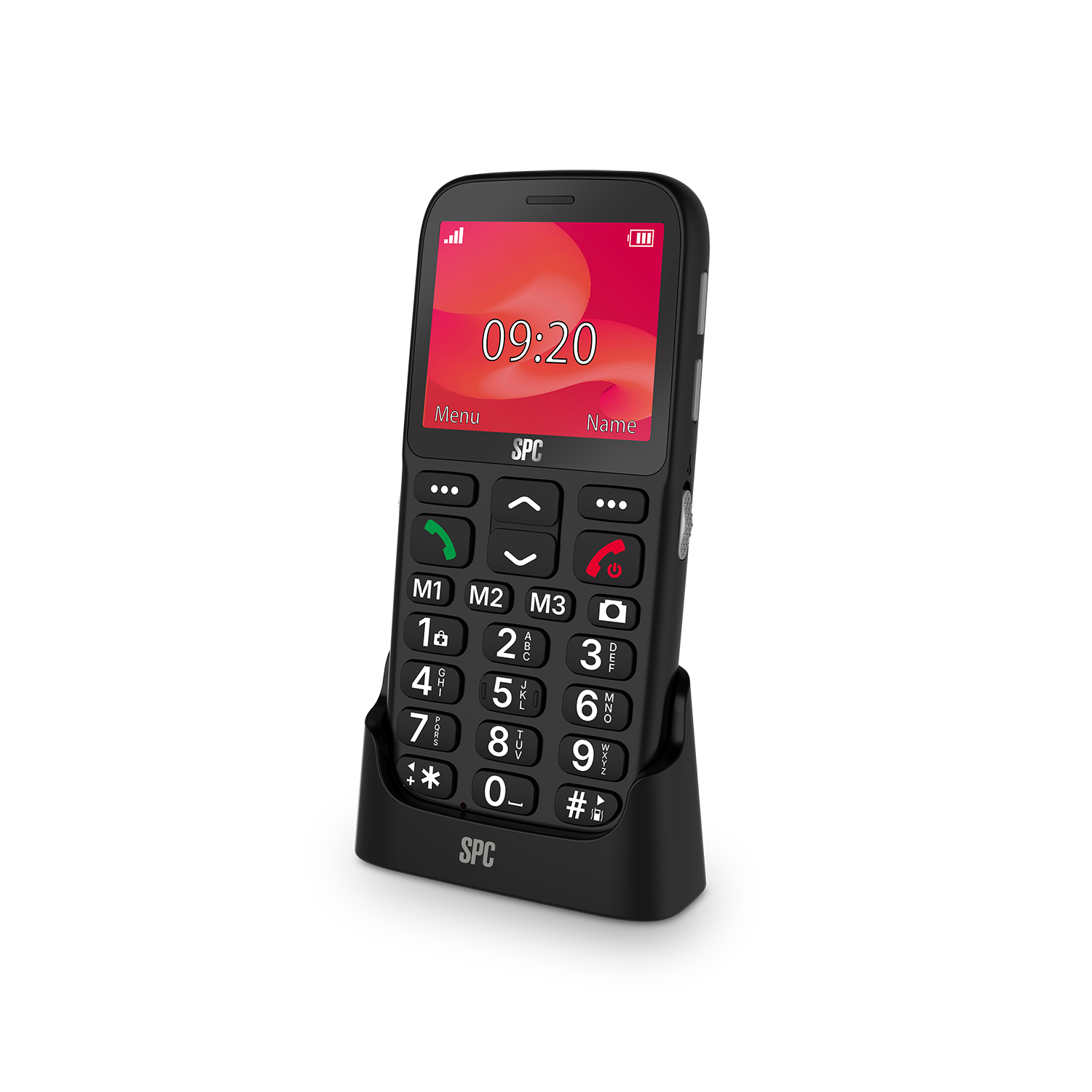 Un telefono senior SPC nero con pulsanti grandi su un supporto di ricarica.