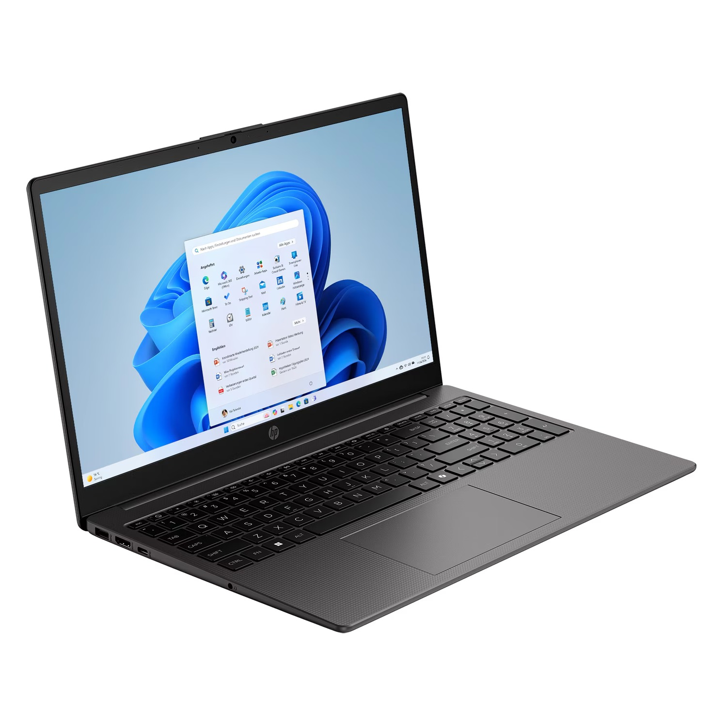 Ein dunkles HP Notebook mit beleuchteter Tastatur und einem Windows 11 Startmenü.