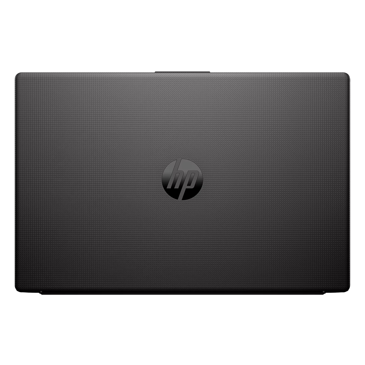 Geschlossener schwarzer HP Laptop mit texturierter Oberfläche und Logo.