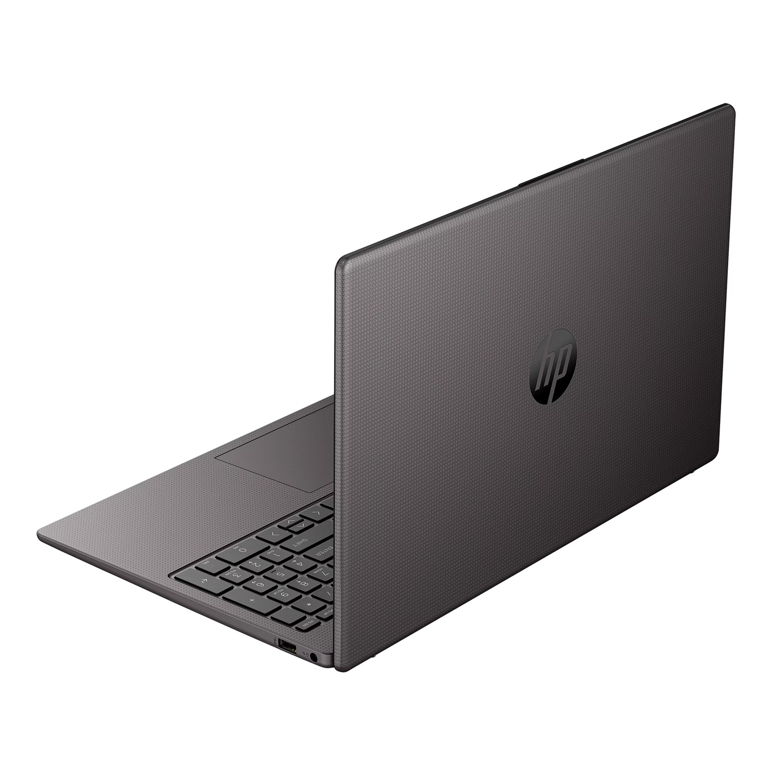 Dunkelgraues HP Laptop, Ansicht von schräg hinten.