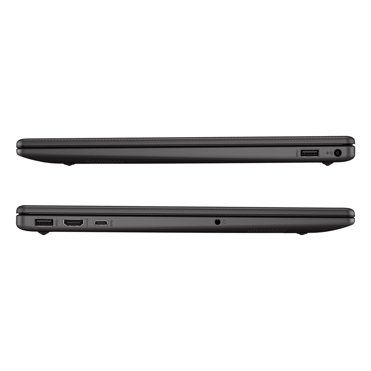 Obere und untere Ansicht eines dunklen Laptops mit USB-, HDMI-Anschlüssen und Netzanschluss.