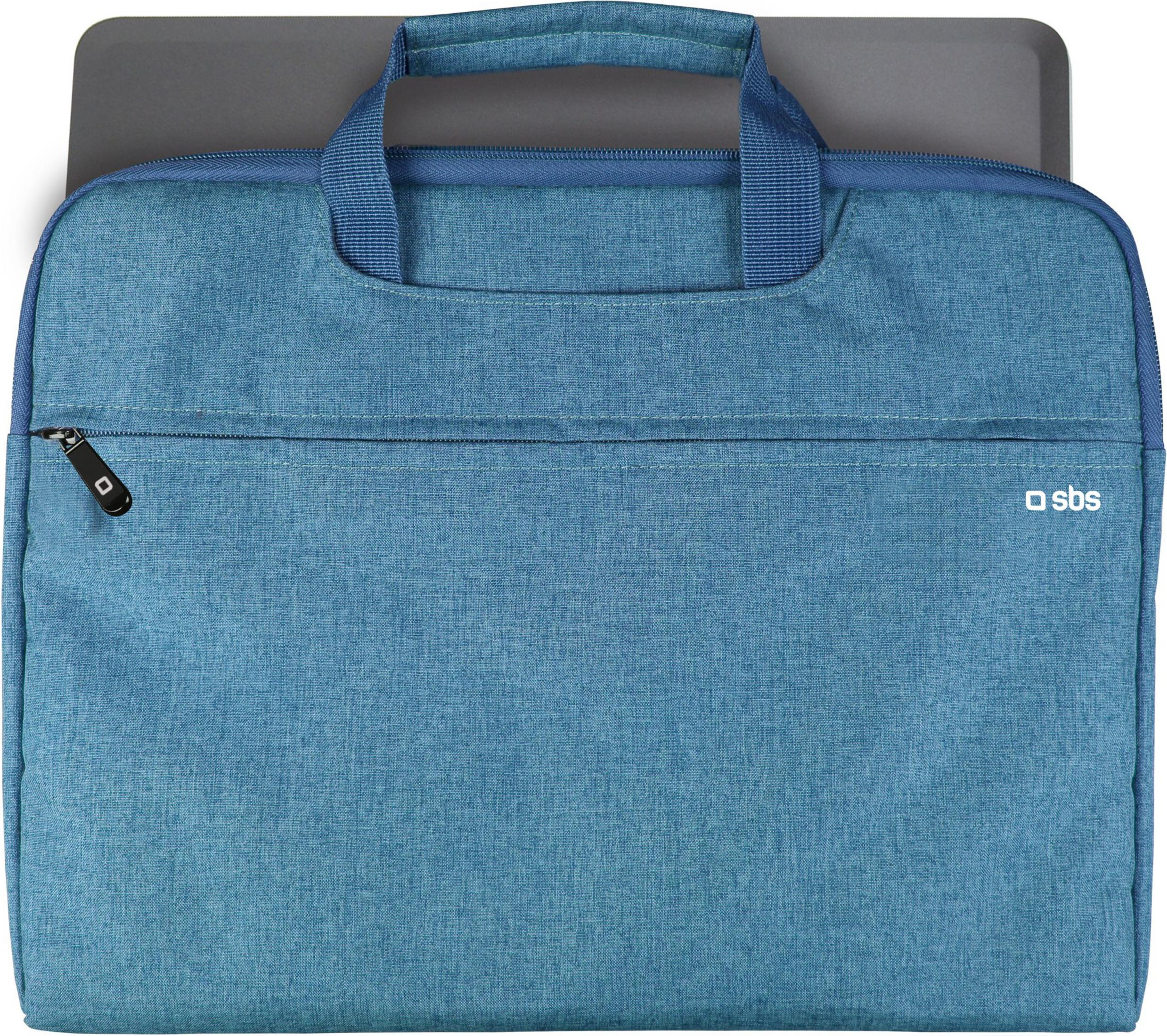 Una funda azul para portátil con asas y bolsillo frontal con cremallera.