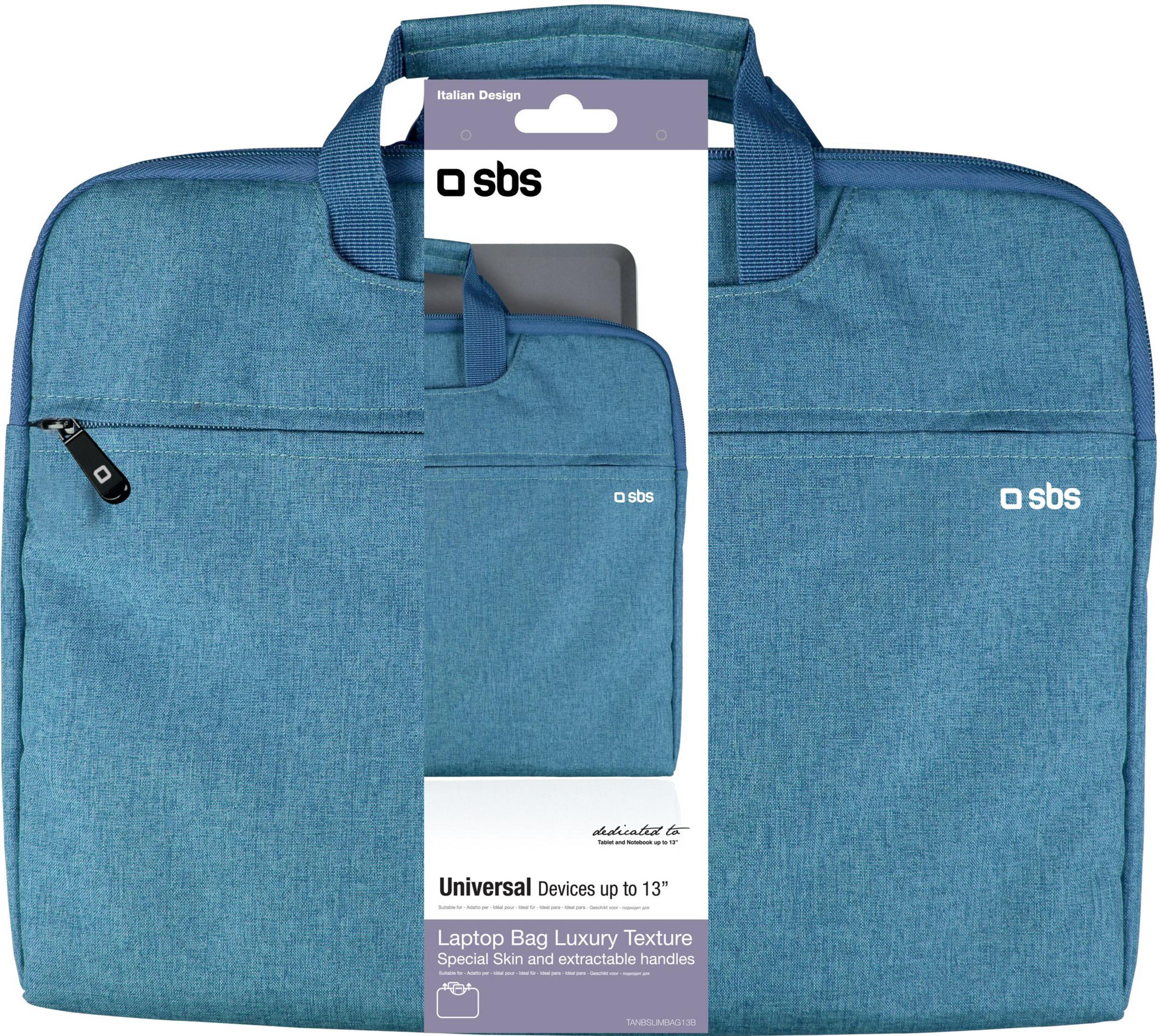 Bolso azul para portátil con asas y cremallera, diseño italiano.