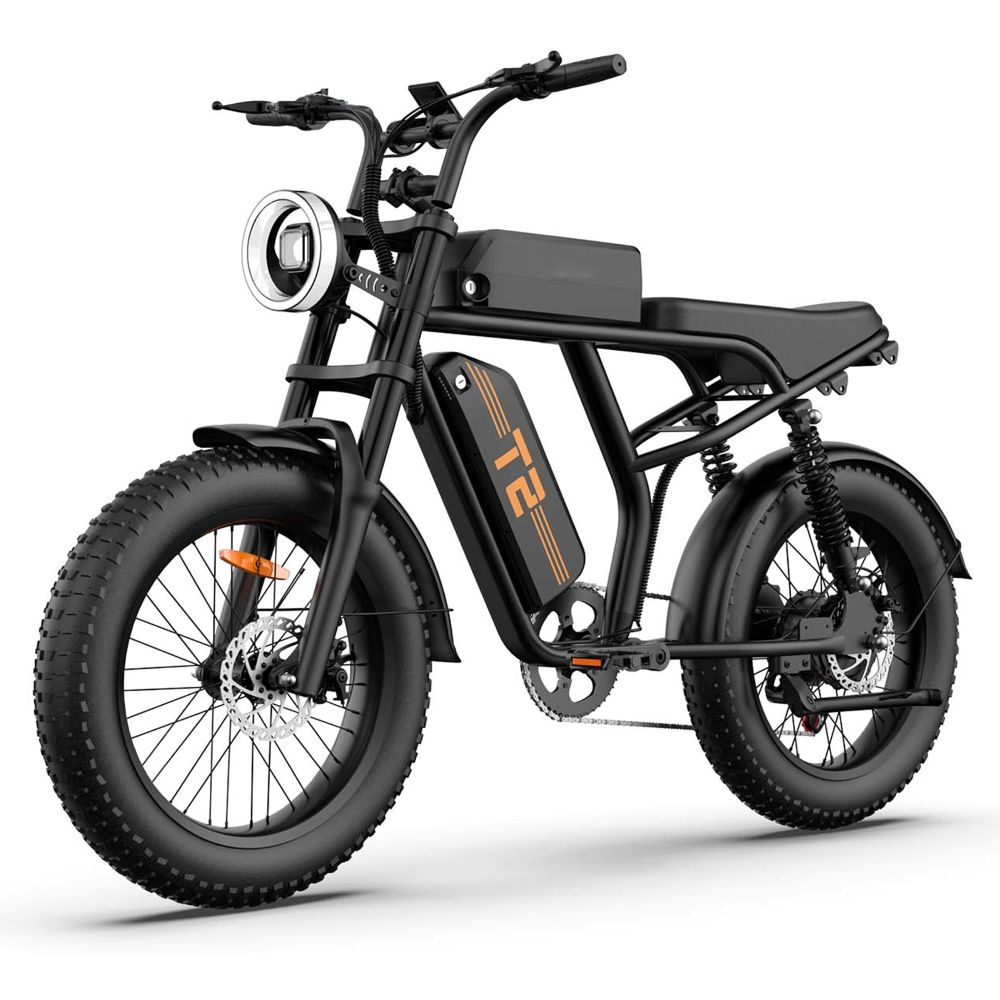 Bici elettrica nera con pneumatici larghi, faro rotondo e logo arancione 'T2'.