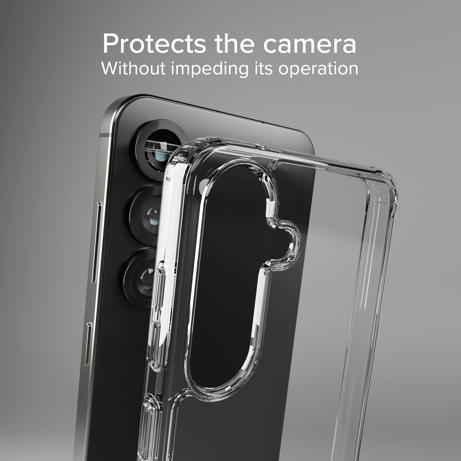 Transparente Handyhülle schützt die Kamera des schwarzen Smartphones.