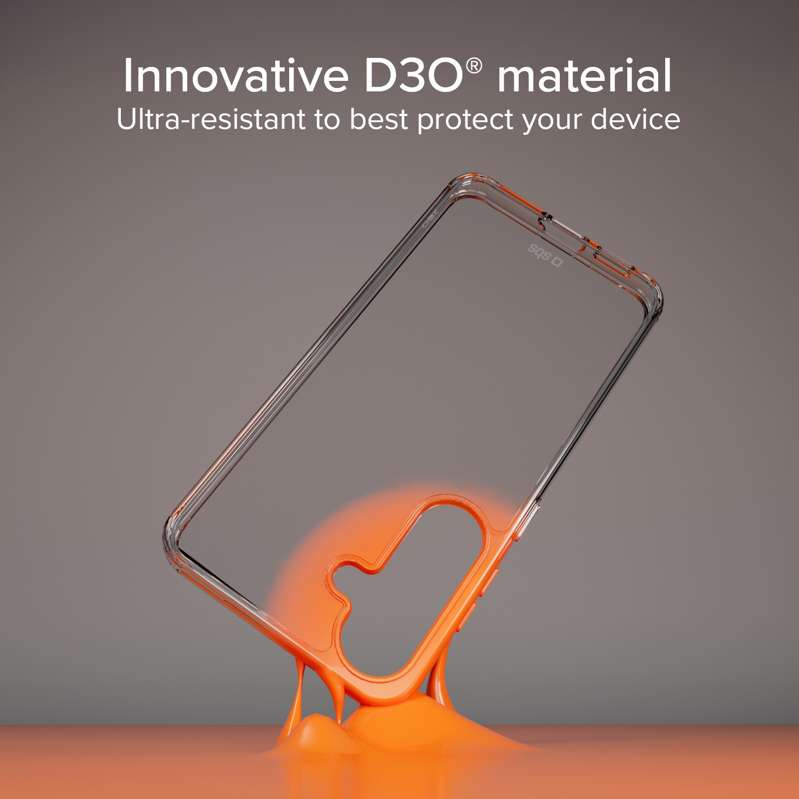 Transparente Handyhülle mit orangefarbener D3O-Einlage auf grauem Hintergrund.
