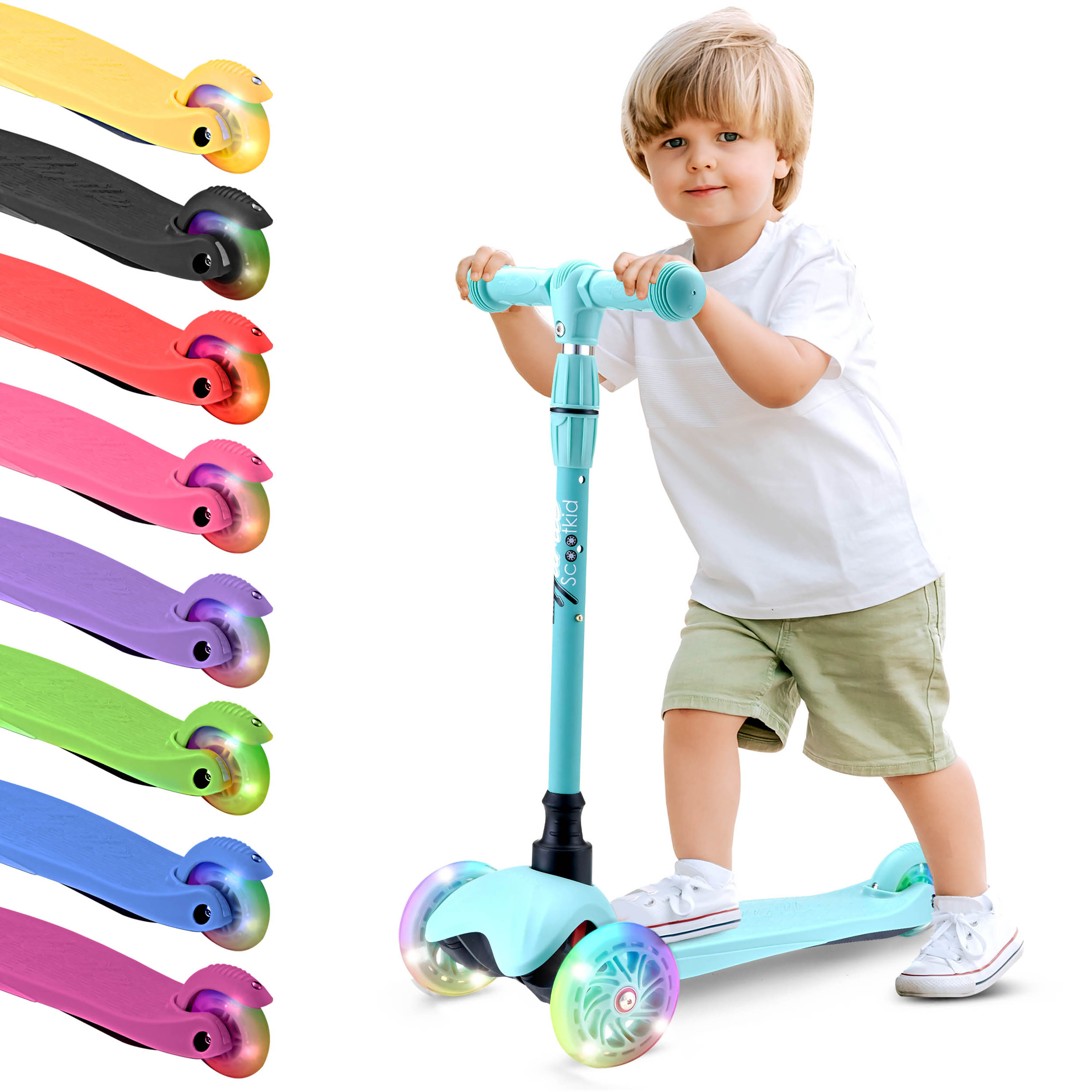 Ein Junge steht auf einem mintgrünen Roller mit leuchtenden Rädern. Mehrere Rollerfarben sind zu sehen.