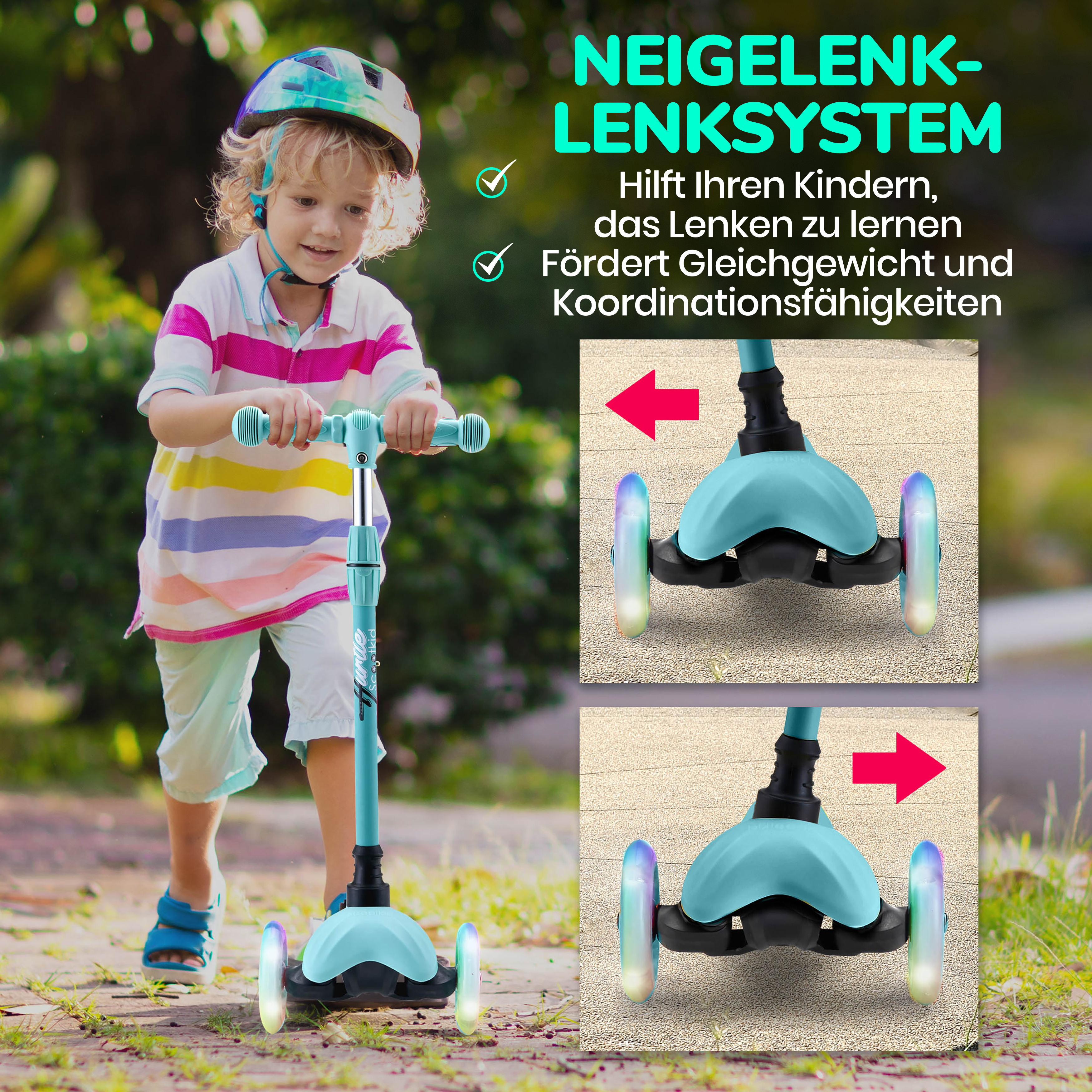 Ein Junge fährt einen blauen Roller mit leuchtenden Rädern im Freien.