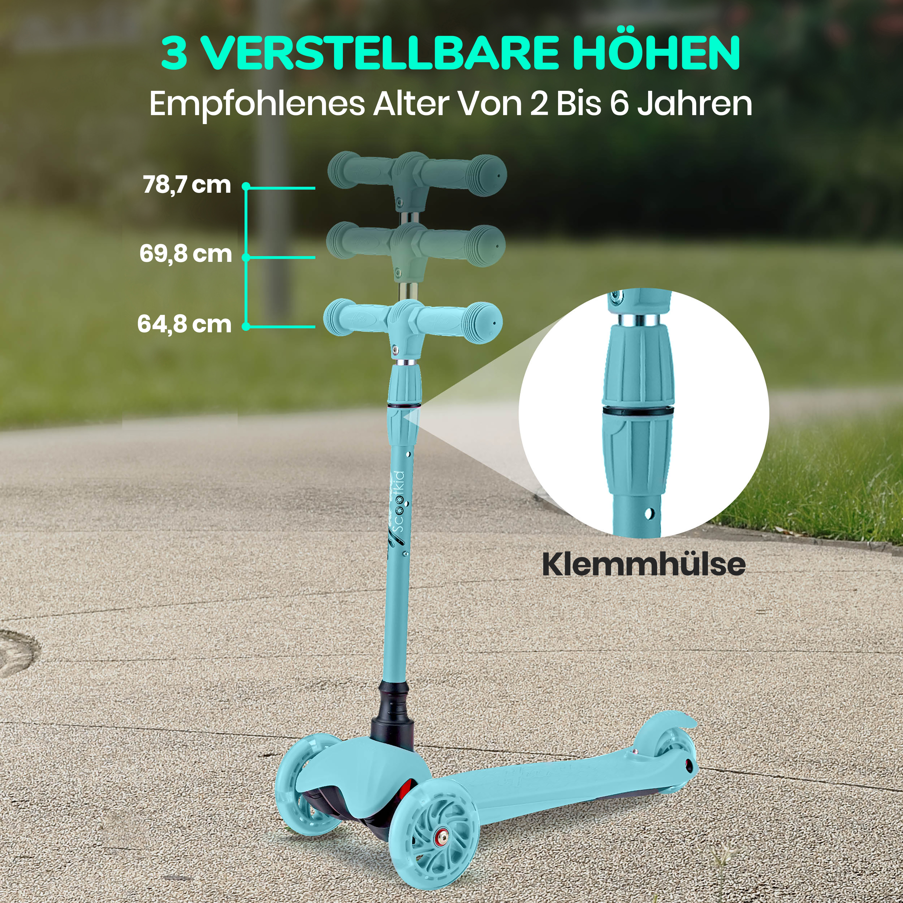Ein türkisfarbener Roller für Kinder mit drei Höhen und dem Aufdruck 'Scootkid'.