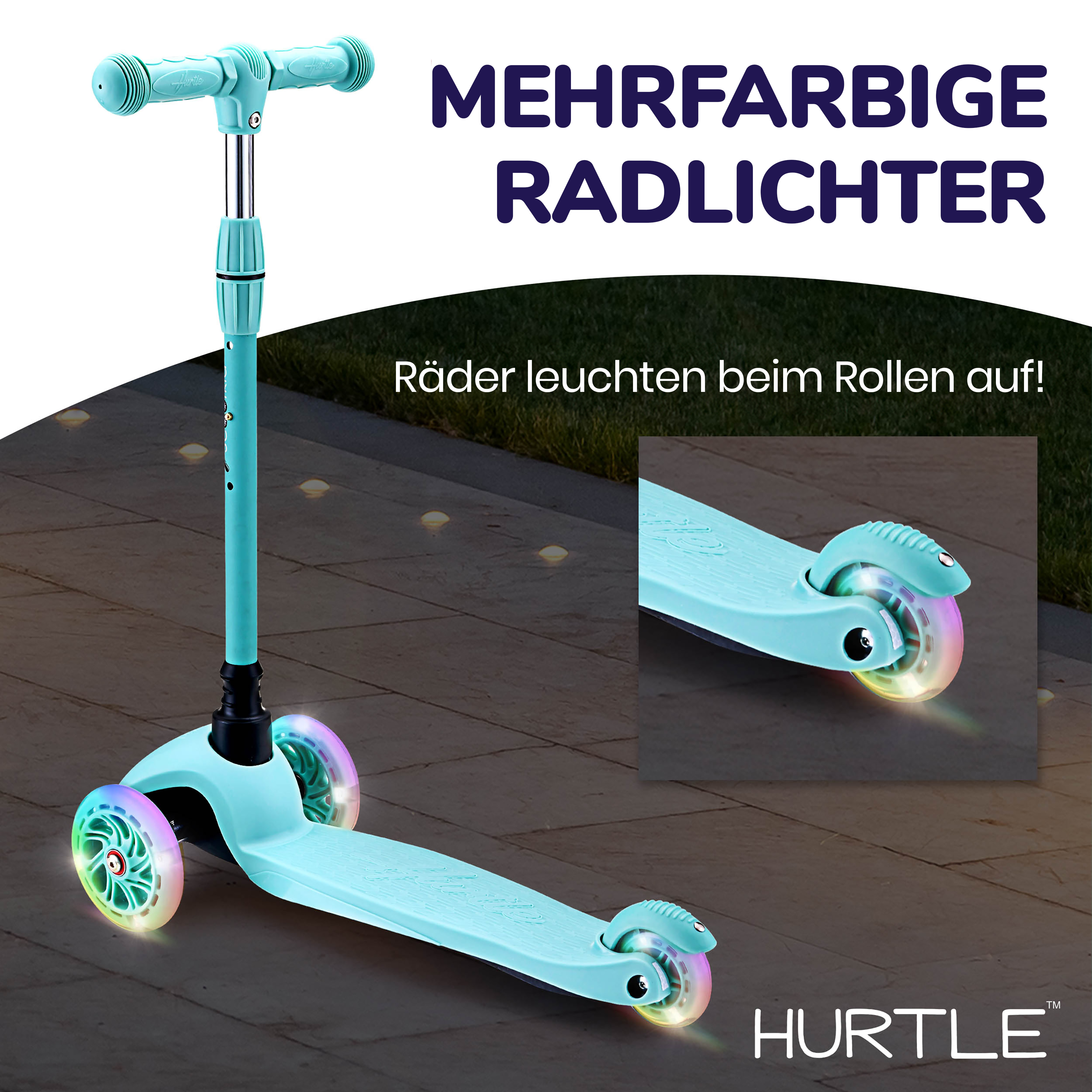 Ein türkisfarbener Roller mit bunten Lichtern in den Rädern.