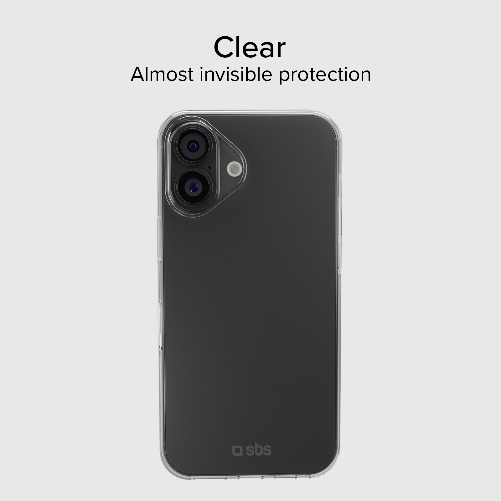 Funda transparente para smartphone con dos cámaras y el logo de SBS.
