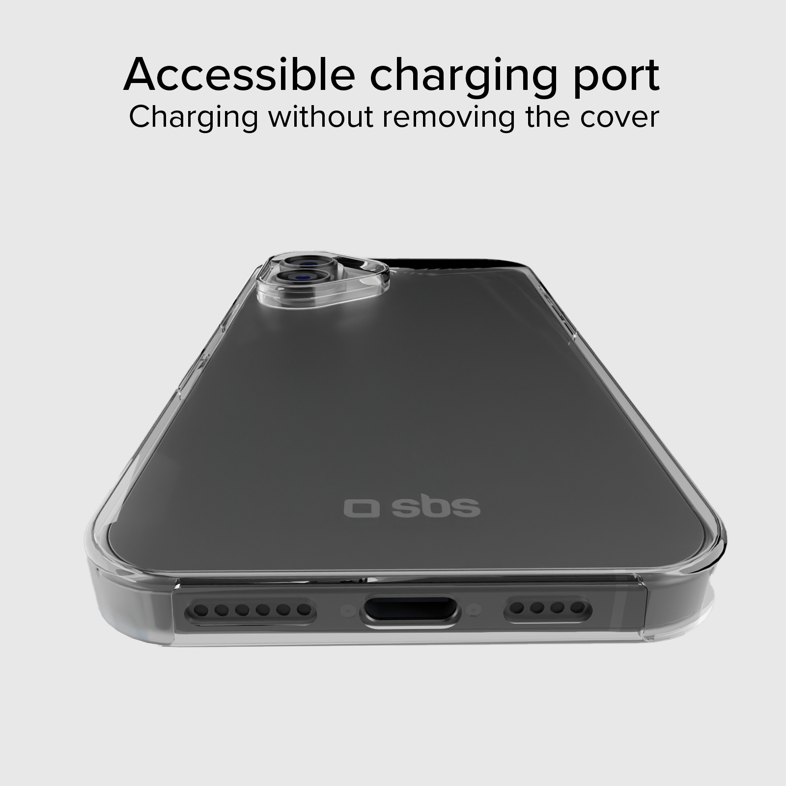 Funda transparente para smartphone que muestra el puerto de carga y las rejillas de altavoz.