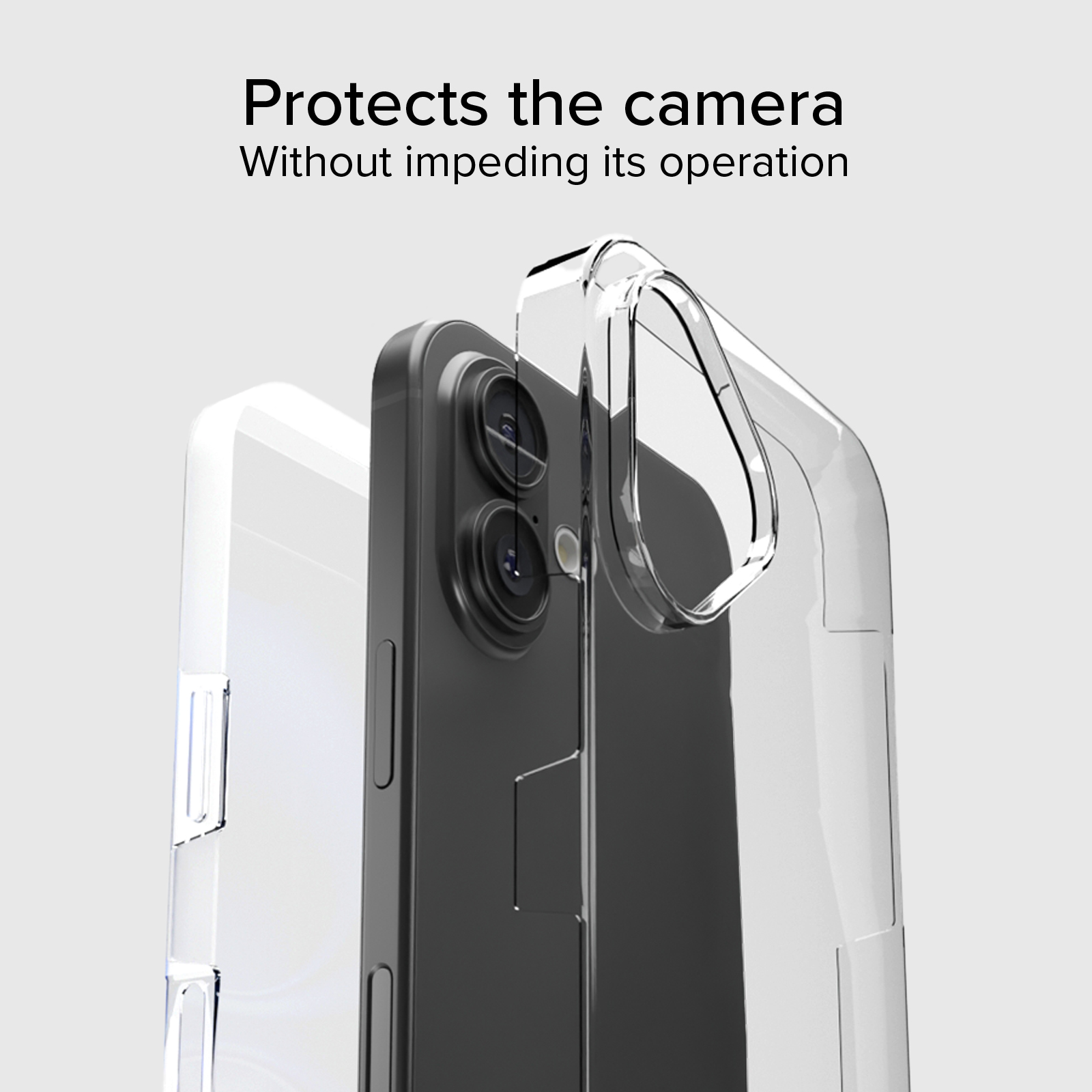 Funda transparente protege la cámara de un smartphone negro.