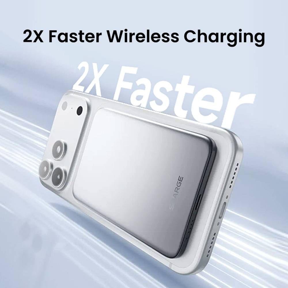 Un smartphone argenté avec un étui de chargement, le texte indique "2X Faster".