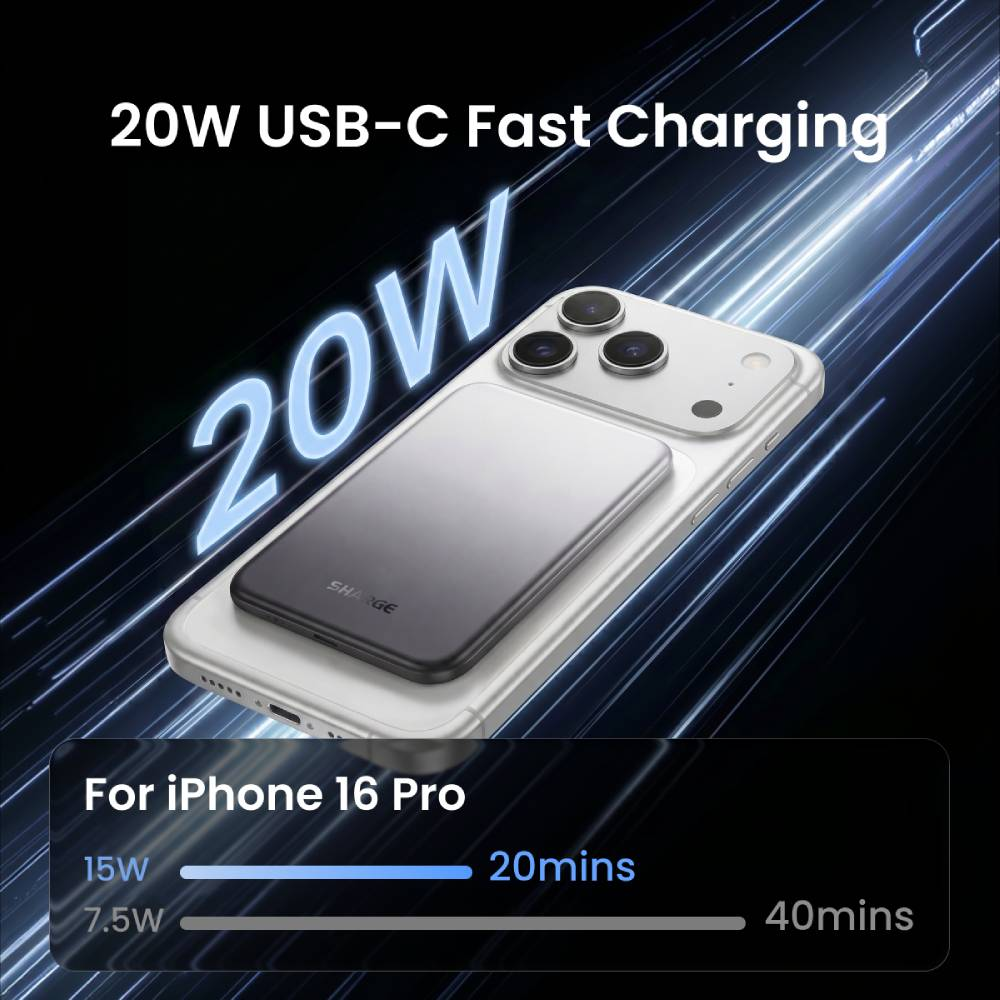 Un chargeur élégant sur un iPhone 16 Pro. Charge rapide 20W.