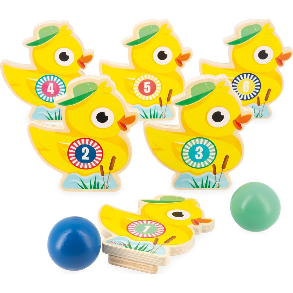 Cinq canards jaunes en bois numérotés 2-6, un numéroté 1. Deux balles.