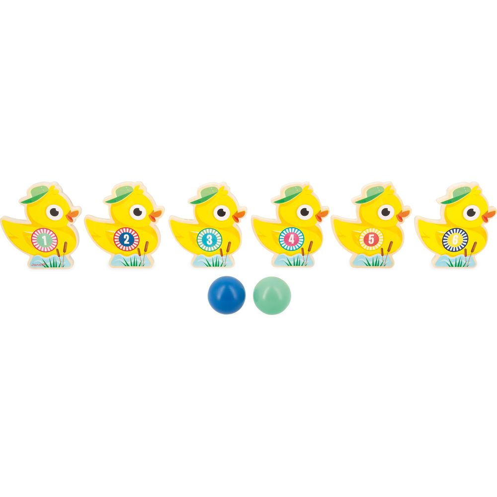 Six canards jaunes numérotés 1-6 et deux balles.