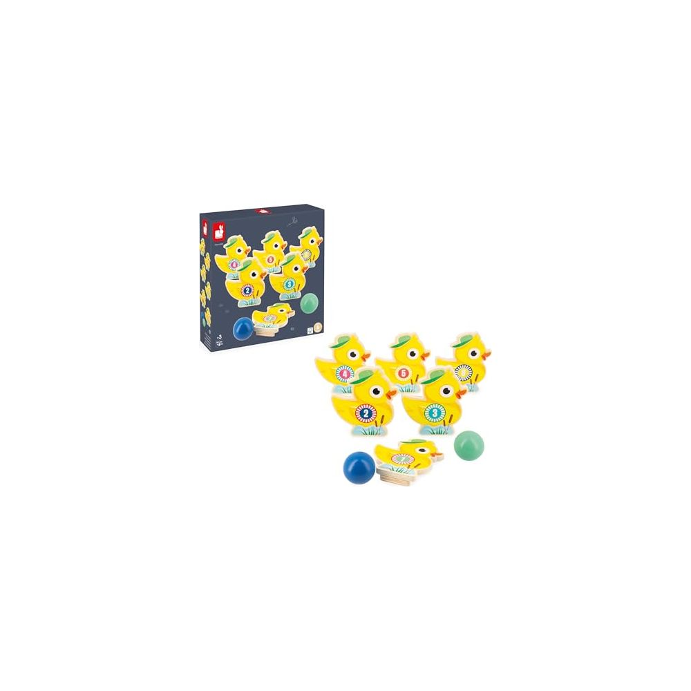 Un jeu de figurines de canards jaunes sur socles en bois, avec quelques balles.