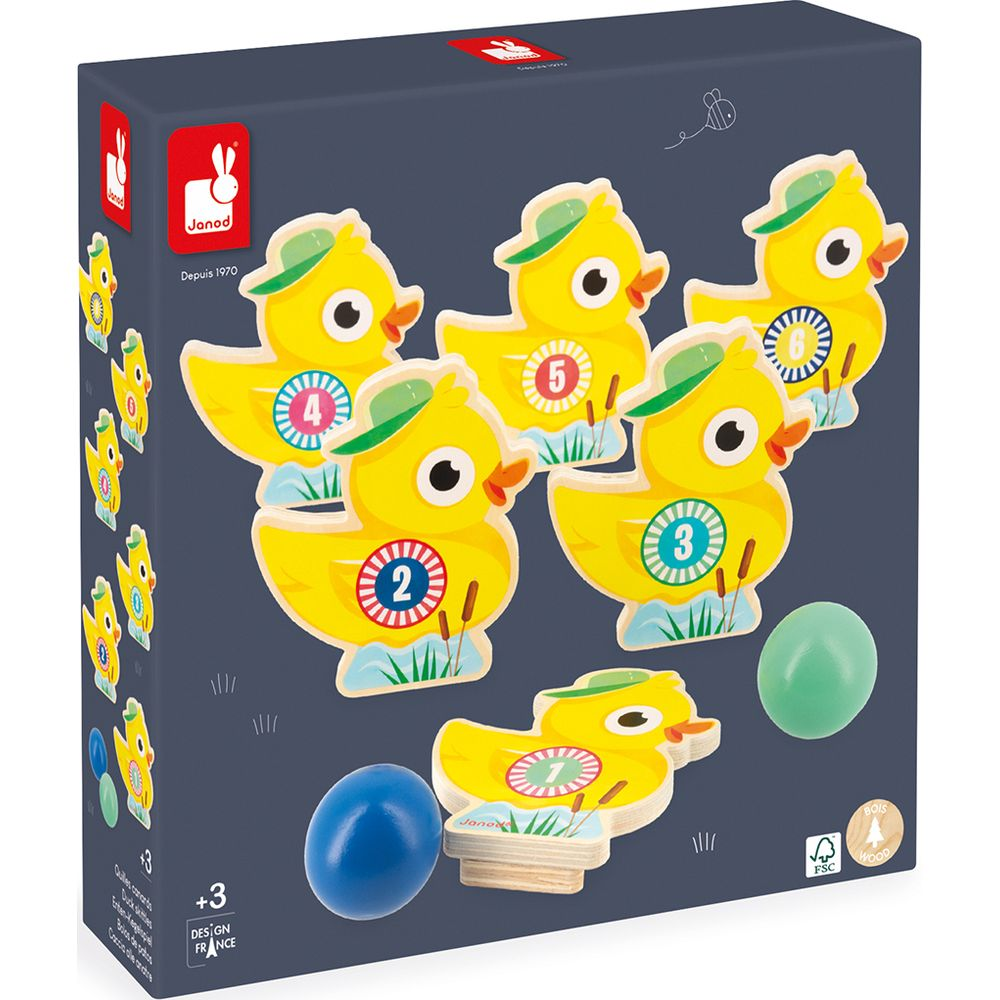 Boîte avec 5 canards en bois numérotés et 2 œufs en bois bleu et vert.