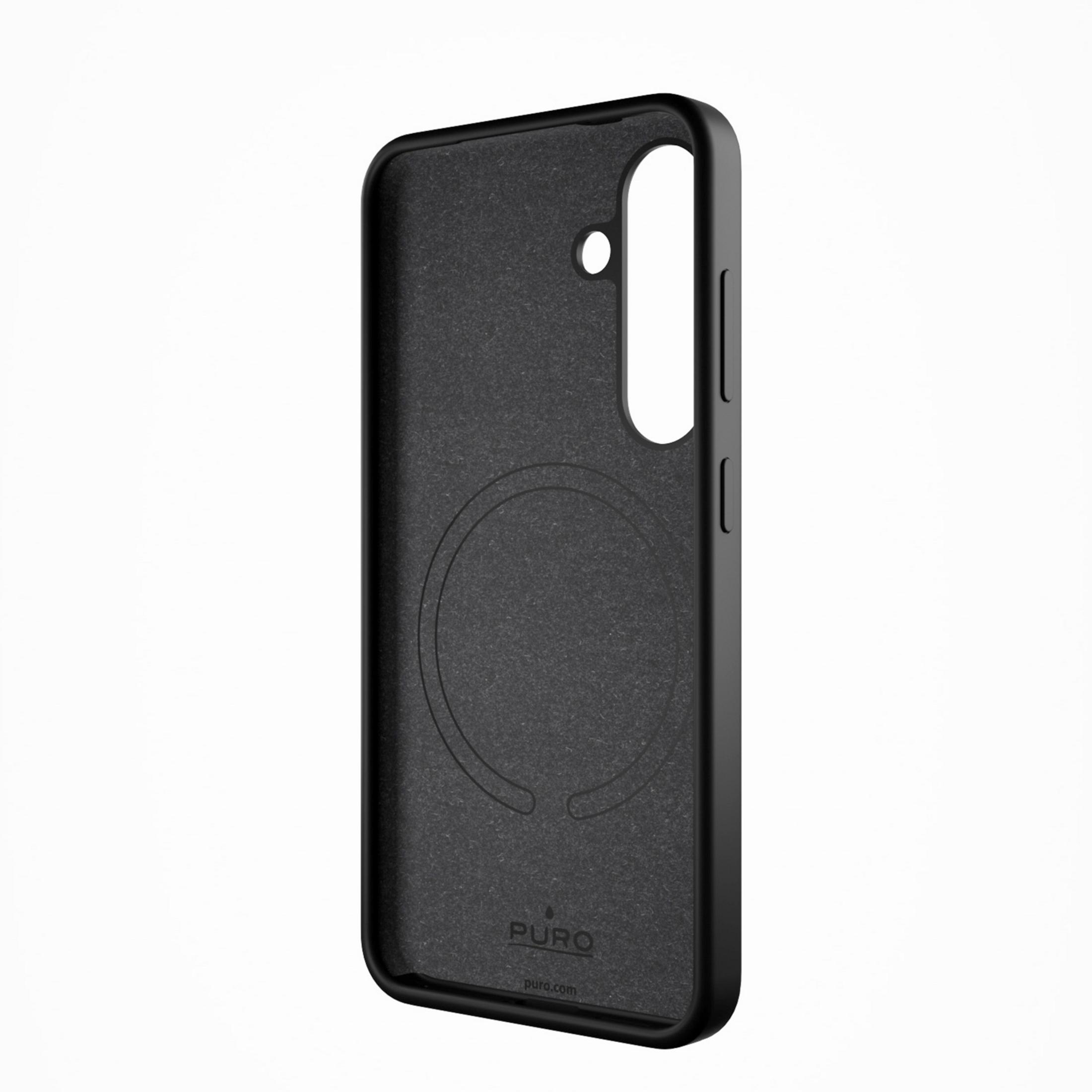 Custodia nera per telefono con rilievo circolare e logo Puro interno.