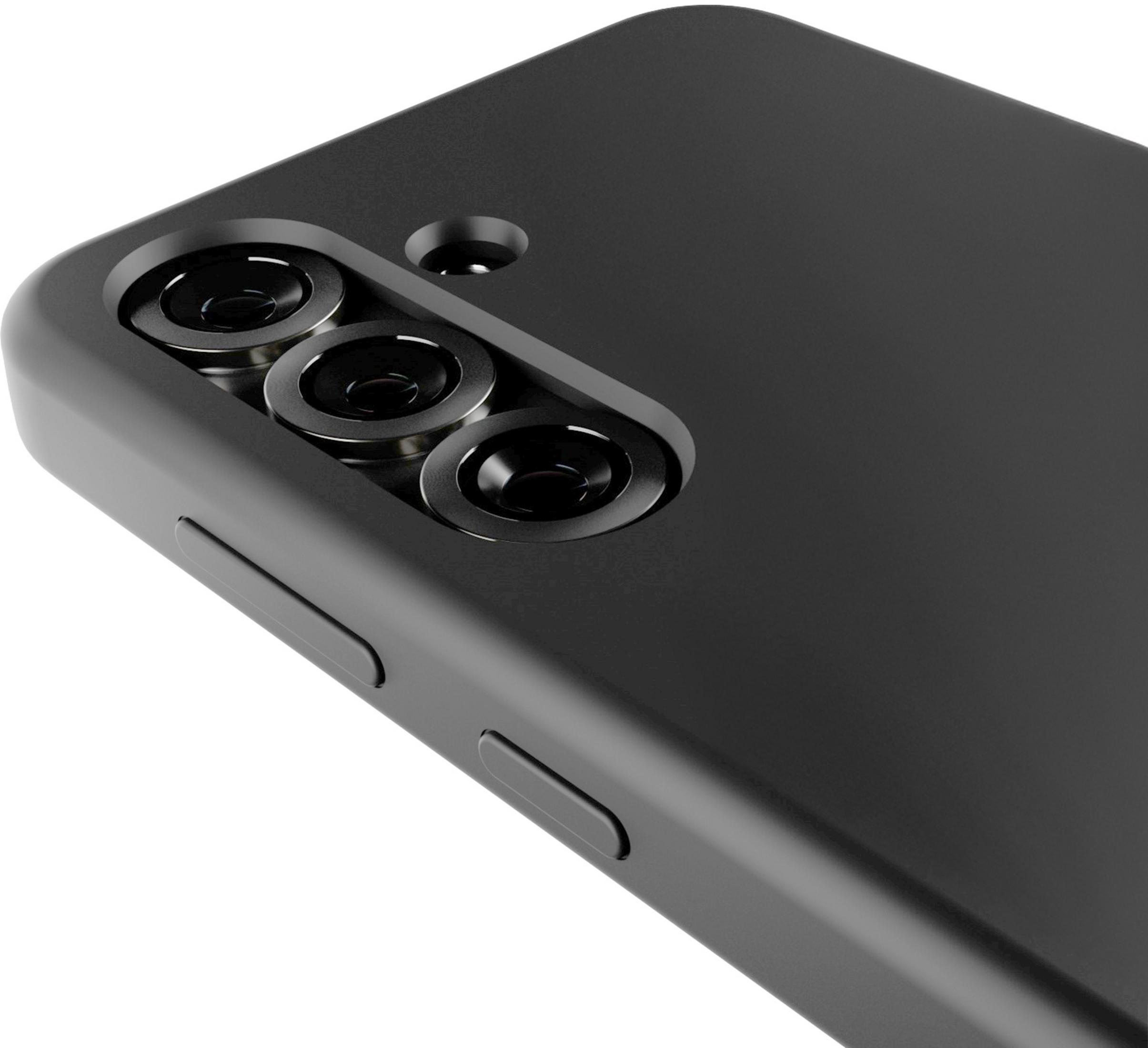 Primo piano del retro di uno smartphone nero con tre obiettivi della fotocamera.