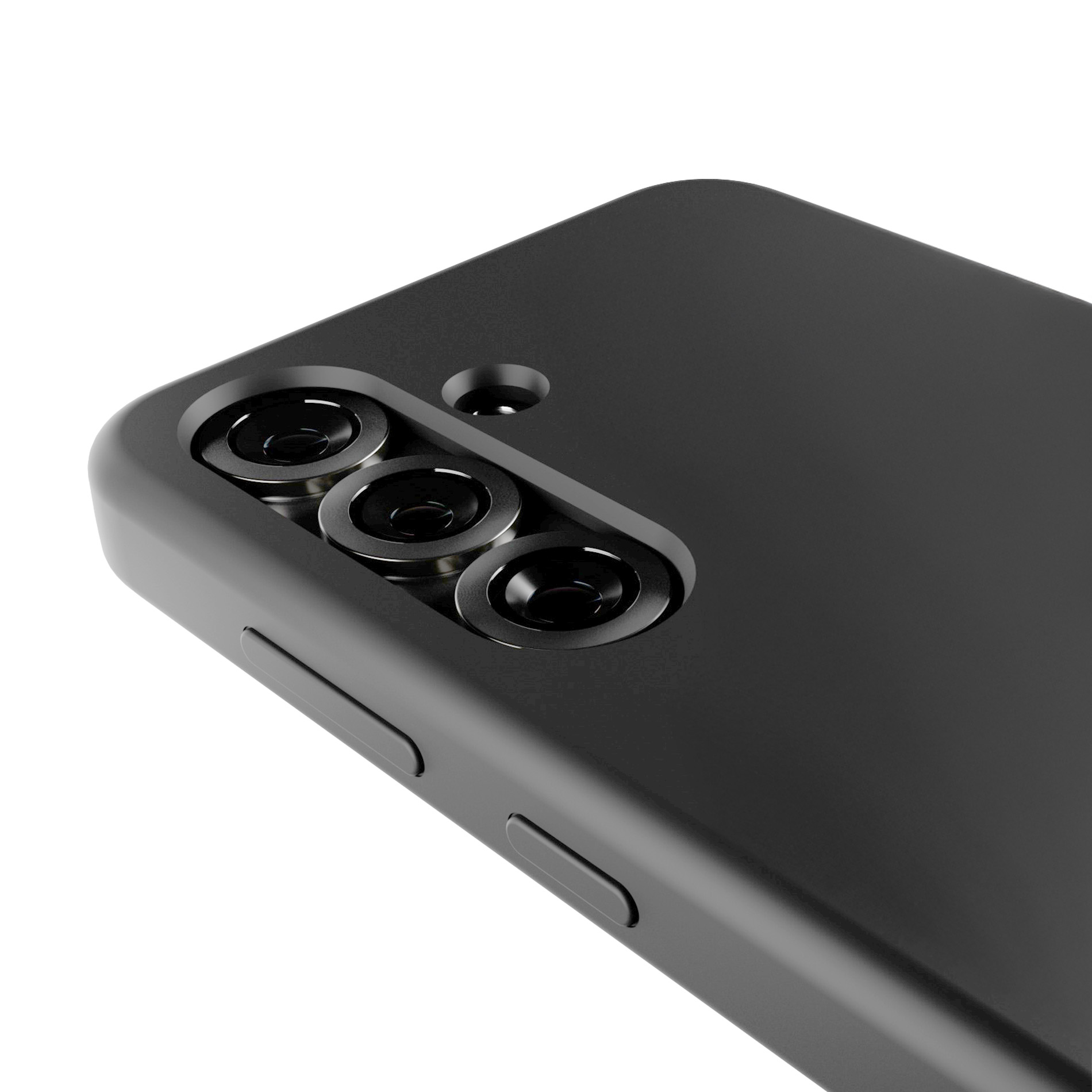Smartphone nero con tre obiettivi della fotocamera e pulsanti laterali.