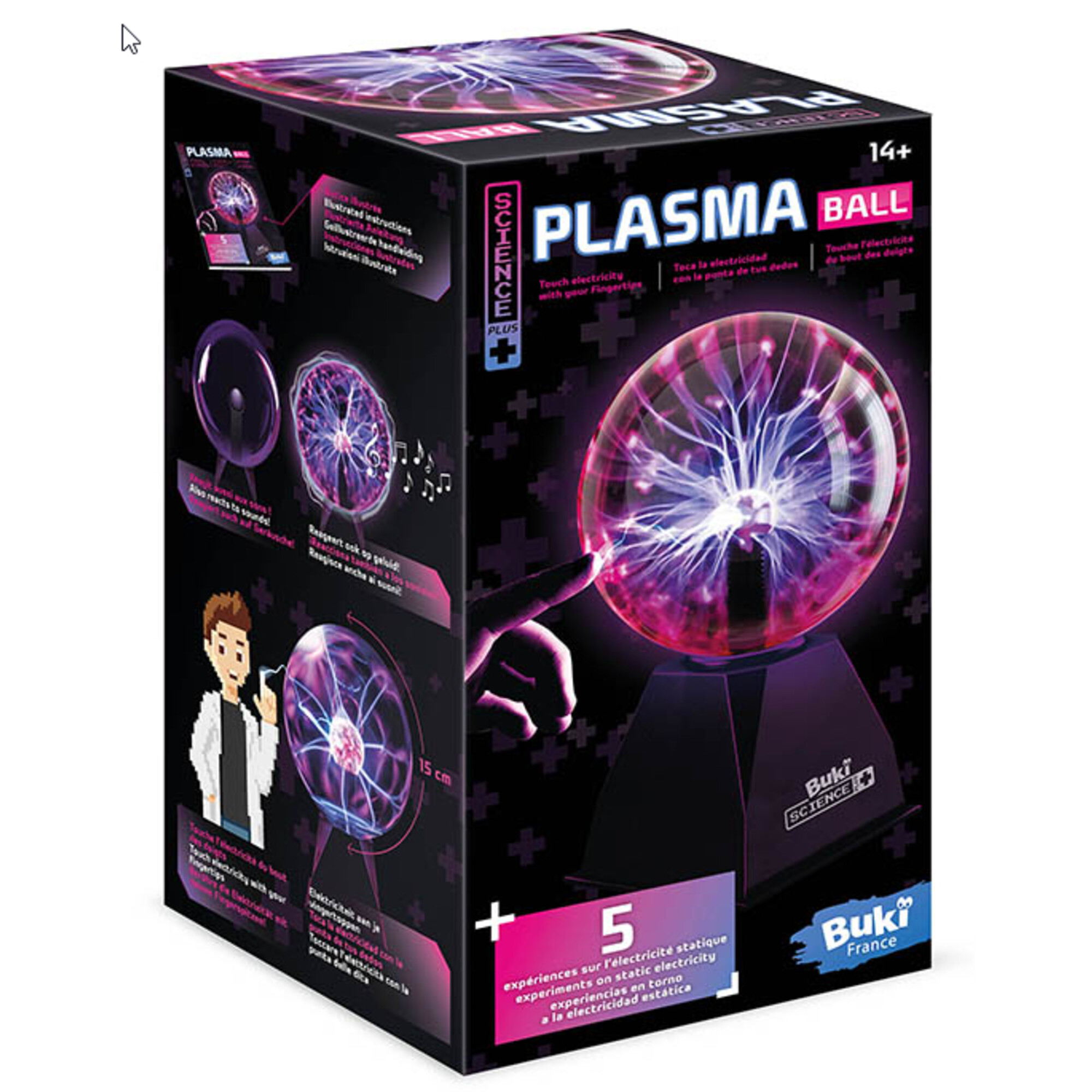 Verpackung für ein Buki Plasma Ball Wissenschafts-Kit, zeigt den Ball mit lila Blitzen und einer berührenden Finger.