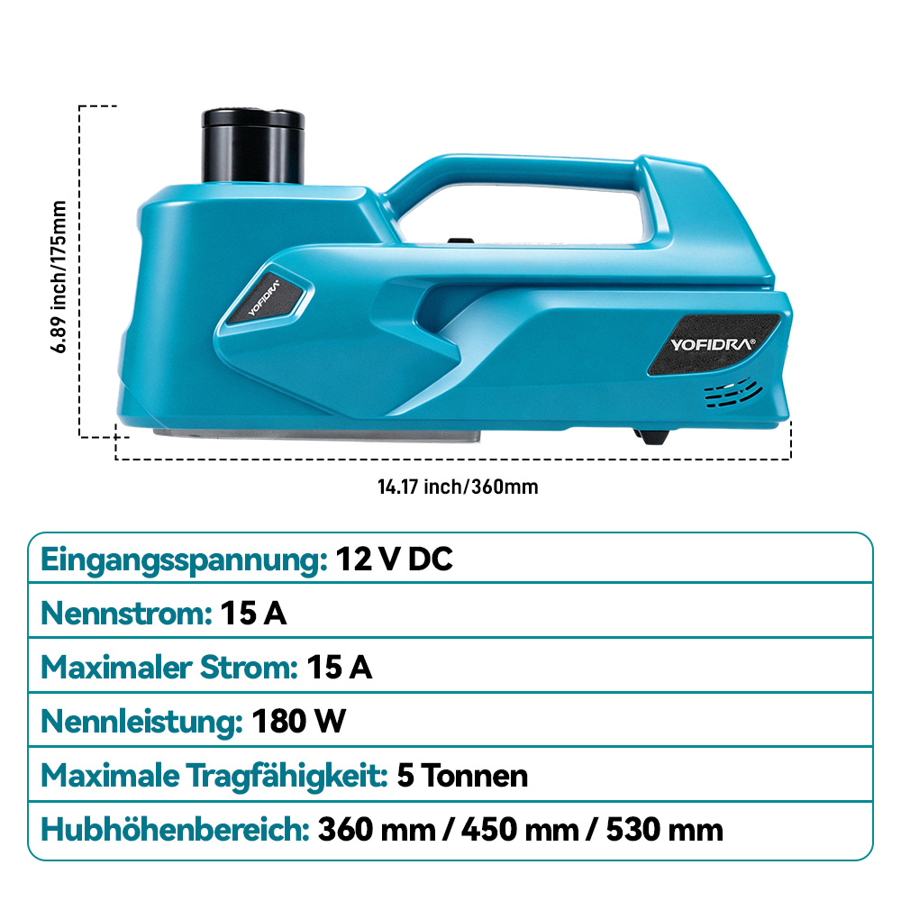 Ein türkiser elektrischer Wagenheber mit Maßen und technischen Daten.