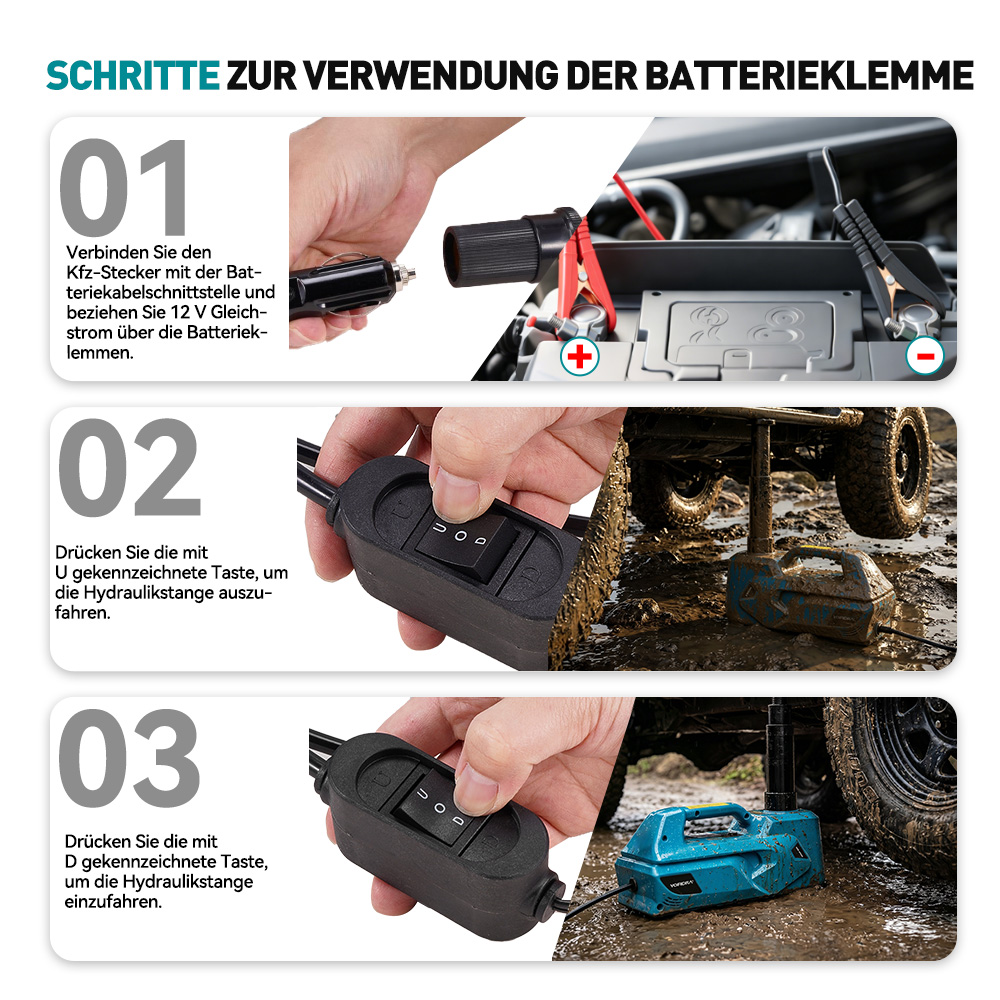 Schritte zur Verwendung der Batterie-Klemme: 1. Kfz-Stecker verbinden. 2. Mit U Taste ausfahren. 3. Mit D Taste einfahren.