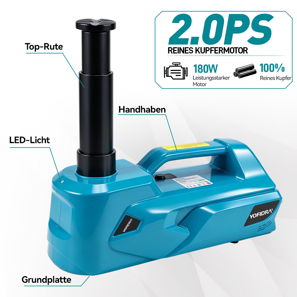 Ein blauer elektrischer Wagenheber mit ausgefahrenem Schaft, Griff und LED-Licht.