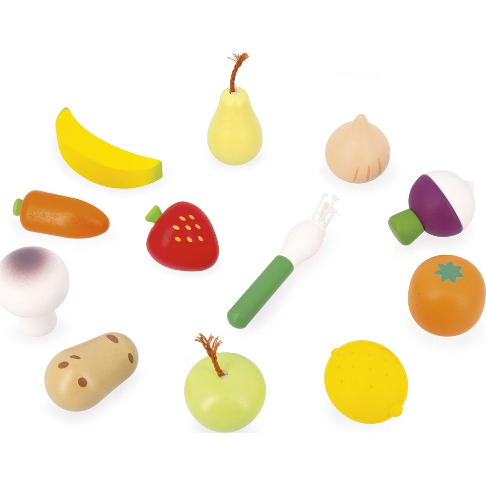 Holzspielzeug: Banane, Birne, Karotte, Erdbeere, Zwiebel, Radieschen, Orange, Zitrone, Apfel, Kartoffel, Pilz.