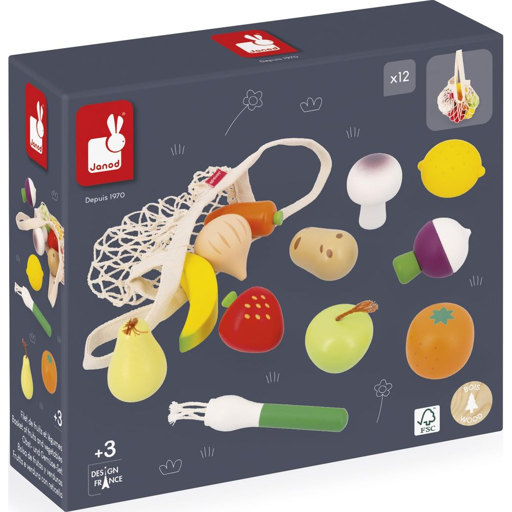 Holzspielzeug Obst und Gemüse in einem Netzbeutel auf Janod-Verpackung.