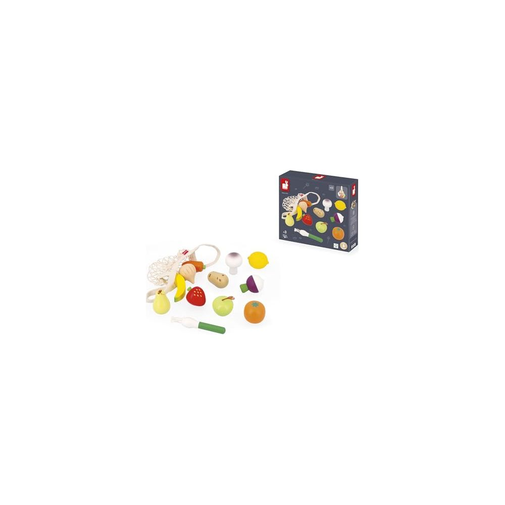 Holzspielzeug-Obst und -Gemüse mit Netzbeutel und Box.