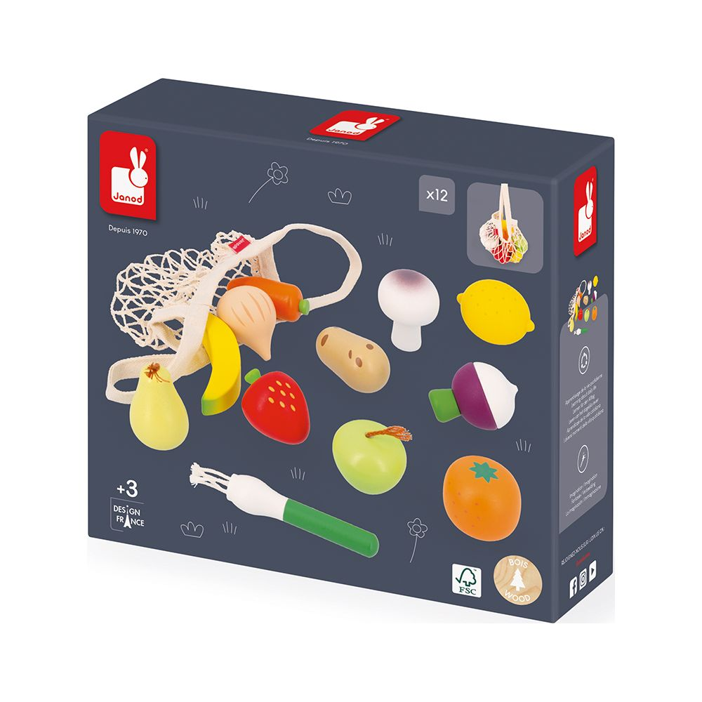Janod Holzspielzeug-Obst und -Gemüse, verpackt in einer blauen Schachtel.