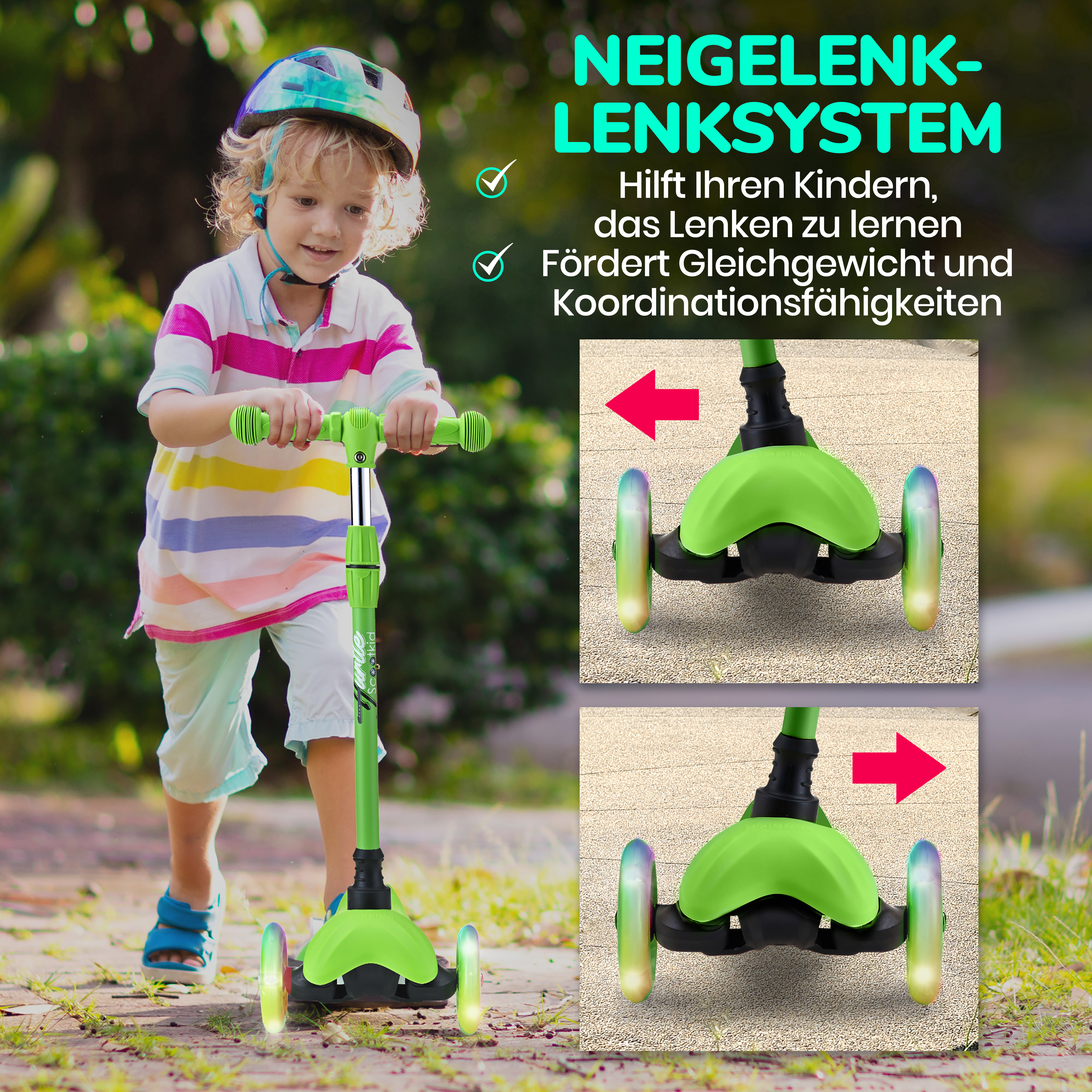 Ein Junge fährt einen grünen Roller mit leuchtenden Rädern im Freien.