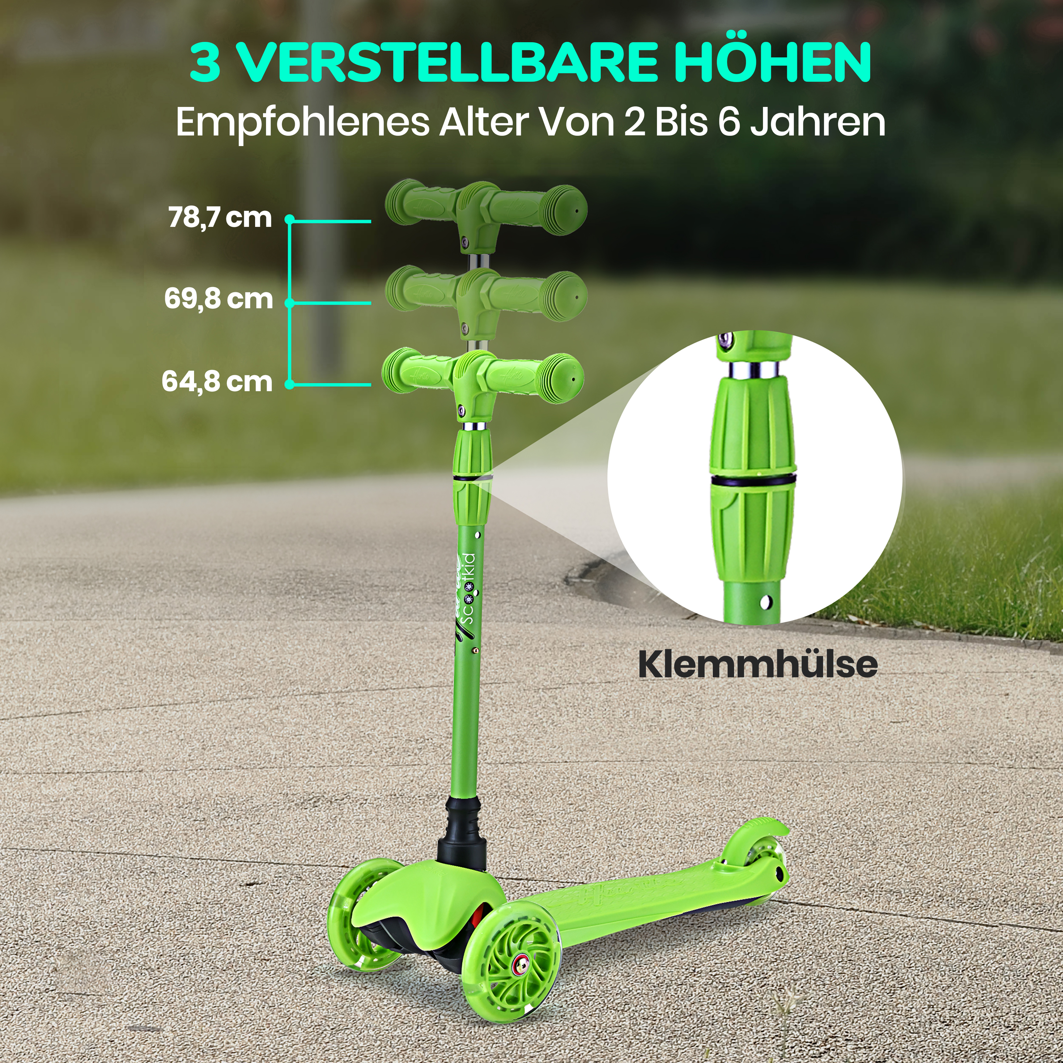 Grüner Roller mit 3 Höhen und Breitenangaben, für Kinder von 2-6 Jahren.