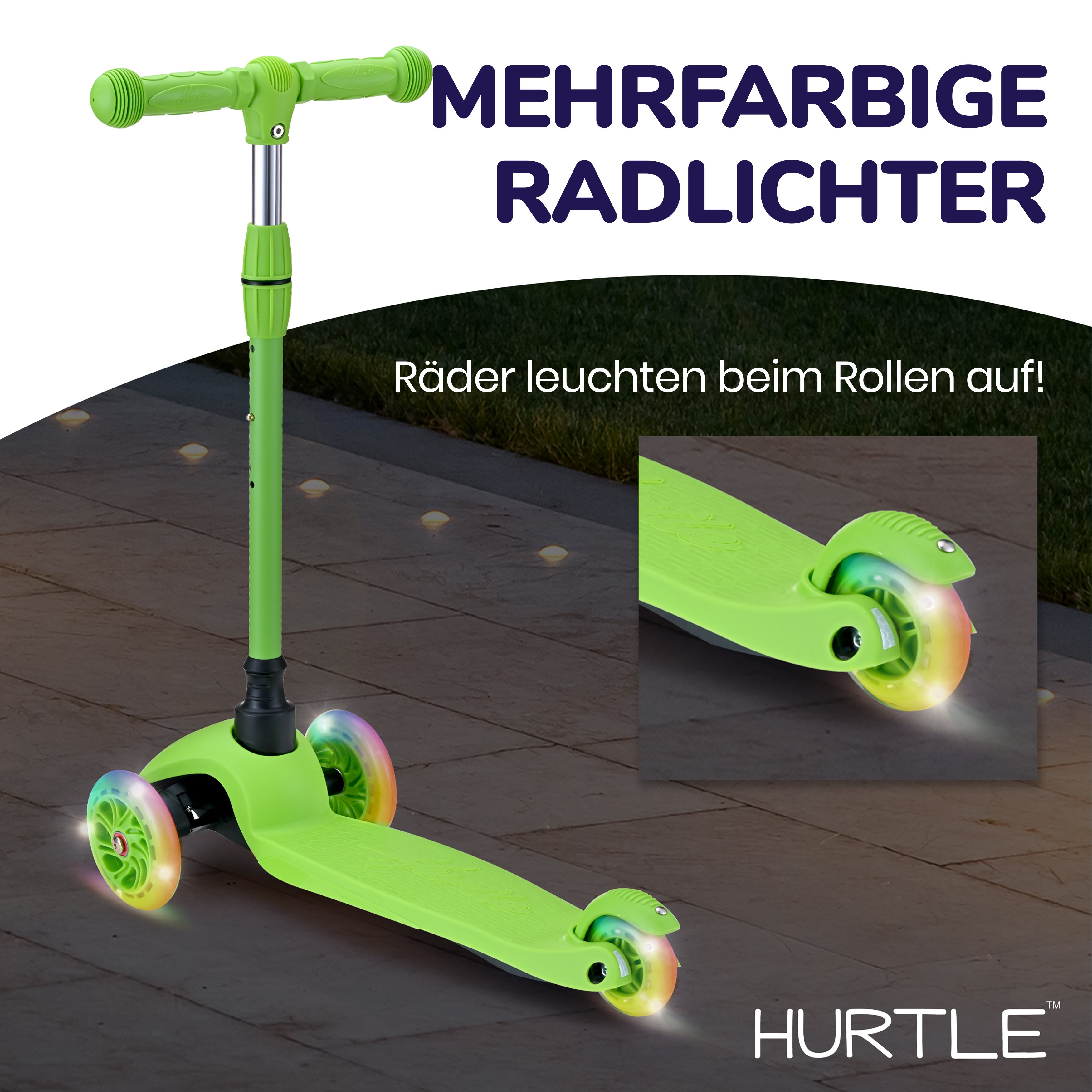 Ein grüner dreirädriger Roller mit bunten Lichtern in den Rädern.