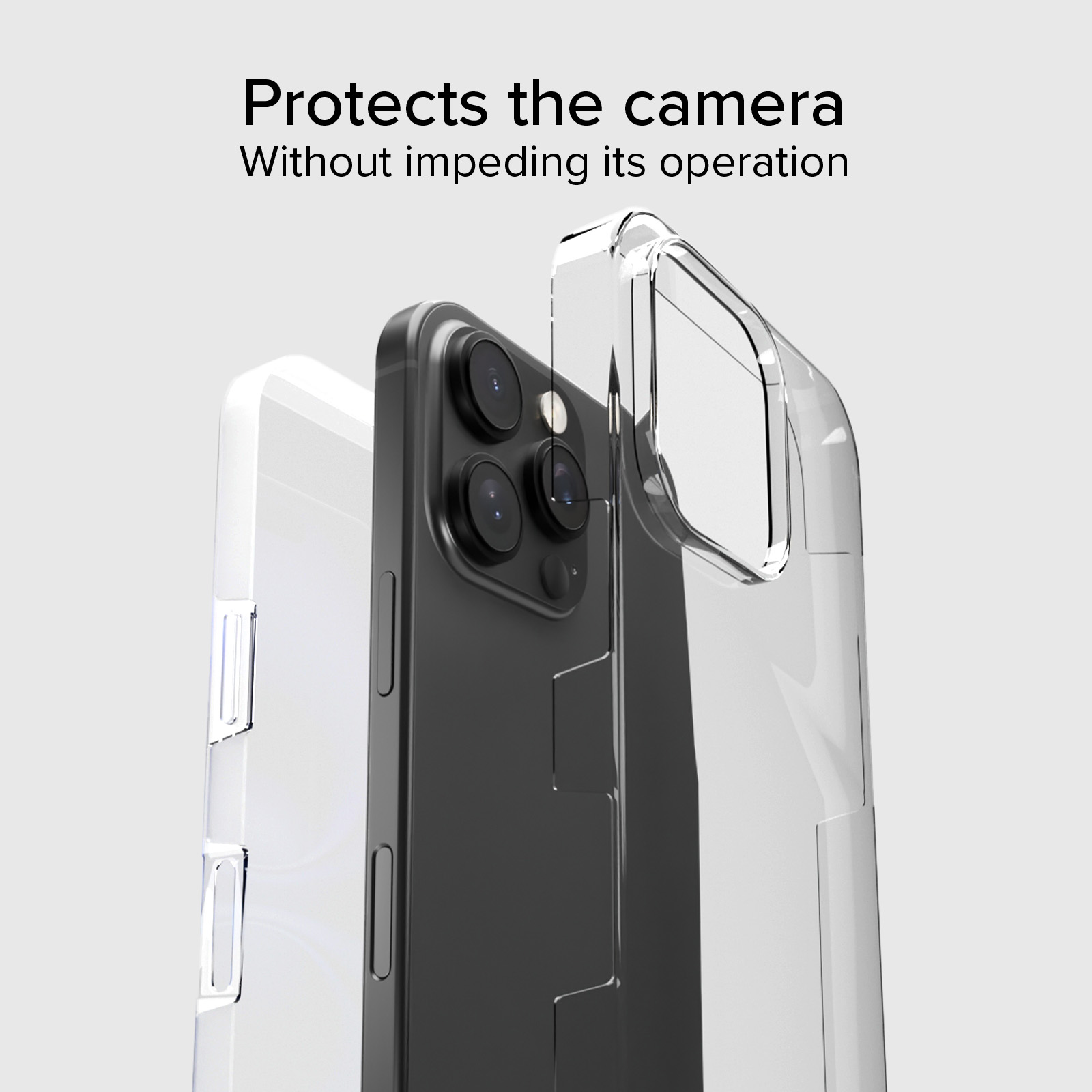 Uno smartphone nero con più fotocamere che si adatta a una custodia trasparente.