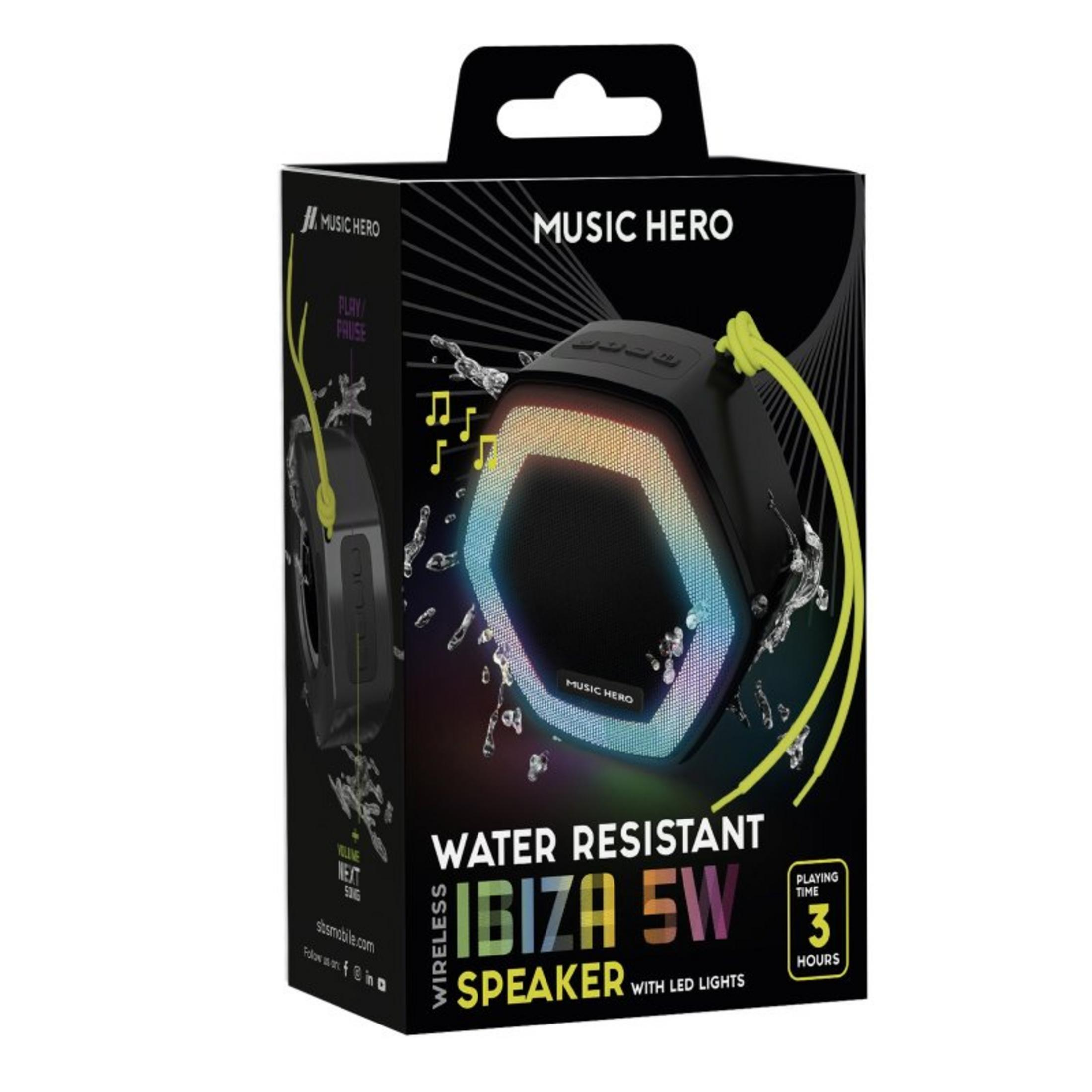 Verpackung eines wasserdichten Ibiza 5W Lautsprechers mit LED-Lichtern.