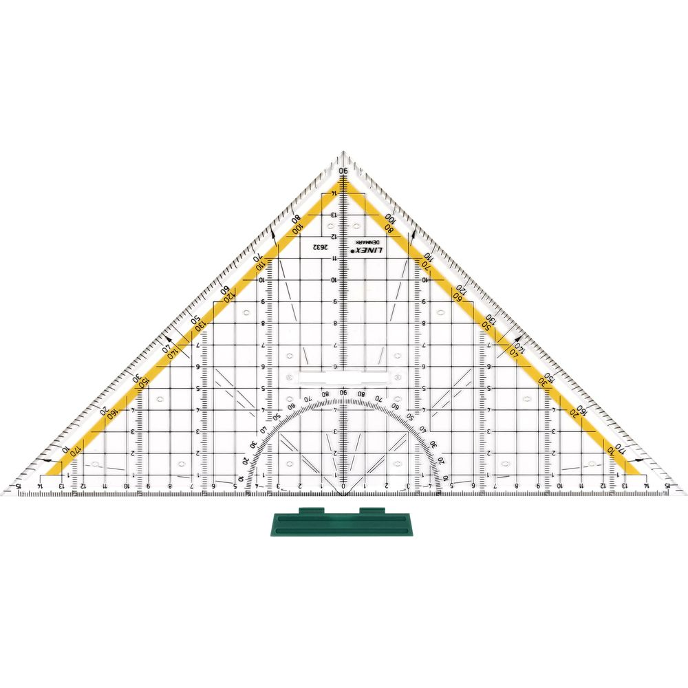 Ein transparenter Dreieckslineal mit Skalen und einem Winkelmesser, auf weißem Hintergrund.