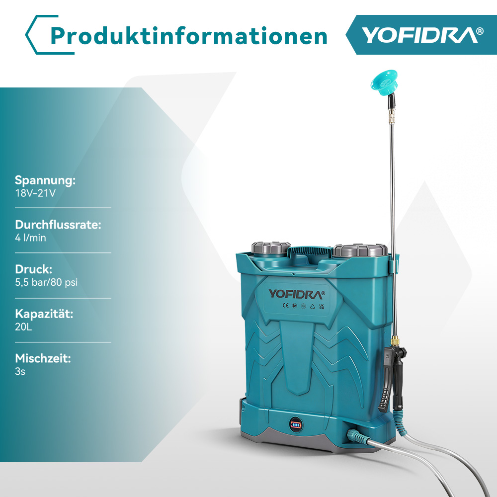 Ein türkisfarbener YOFIDRA-Sprühgerät mit technischen Daten auf Deutsch.