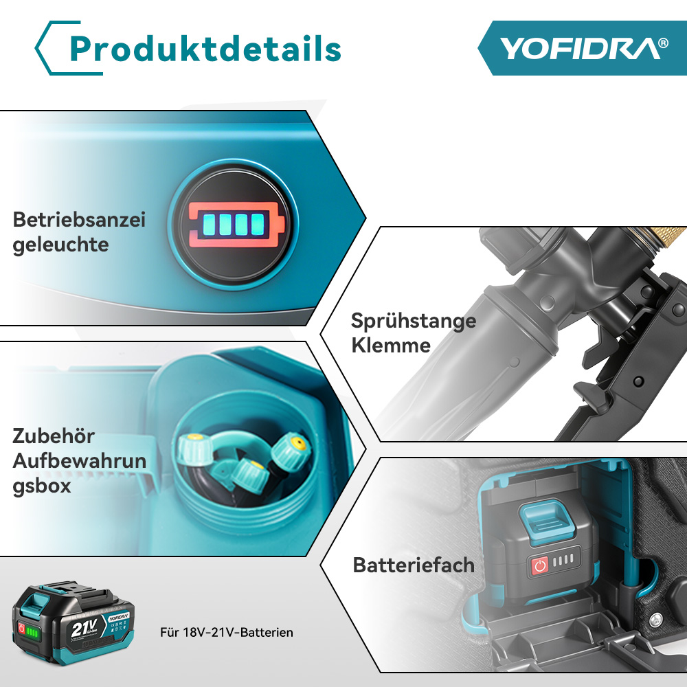 Produkt-Detailübersicht mit Akku, Zubehörbox, Sprühkopfklemme und Batterie.