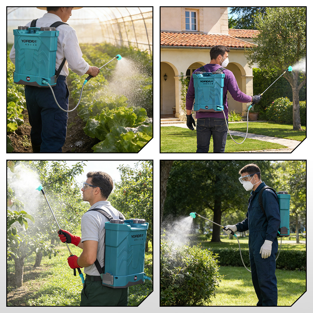 Ein Mann sprüht mit einem Rucksack-Sprühgerät auf Pflanzen in einem Gewächshaus.