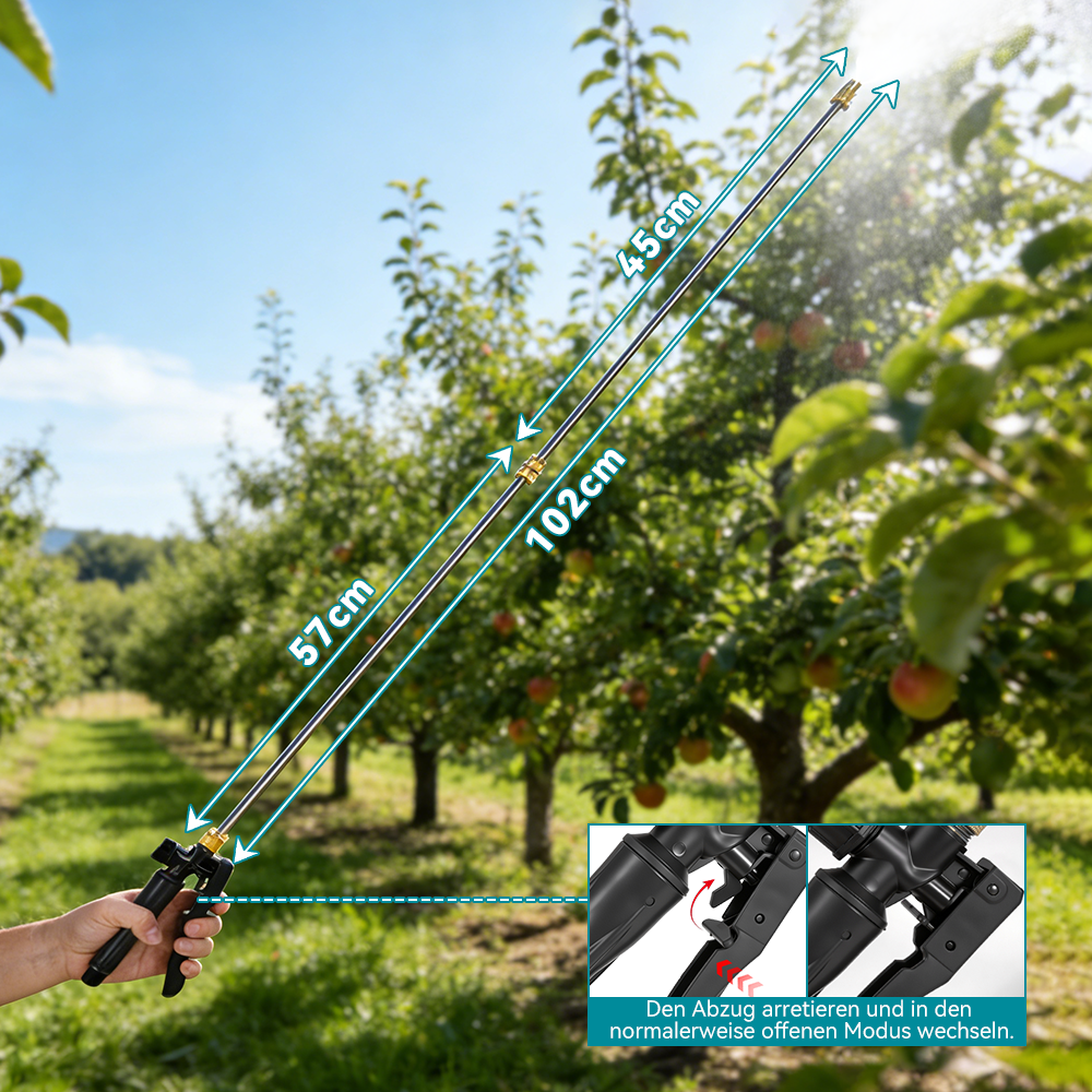 Person hält Sprühstab in Obstgarten mit Maßen 57cm, 102cm, 45cm.