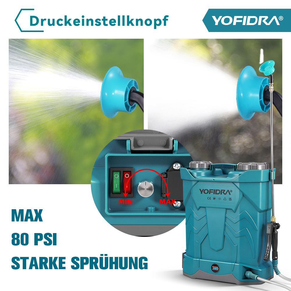 Ein türkisfarbener Sprührucksack mit Druckeinstellknopf und starker Sprühfunktion.