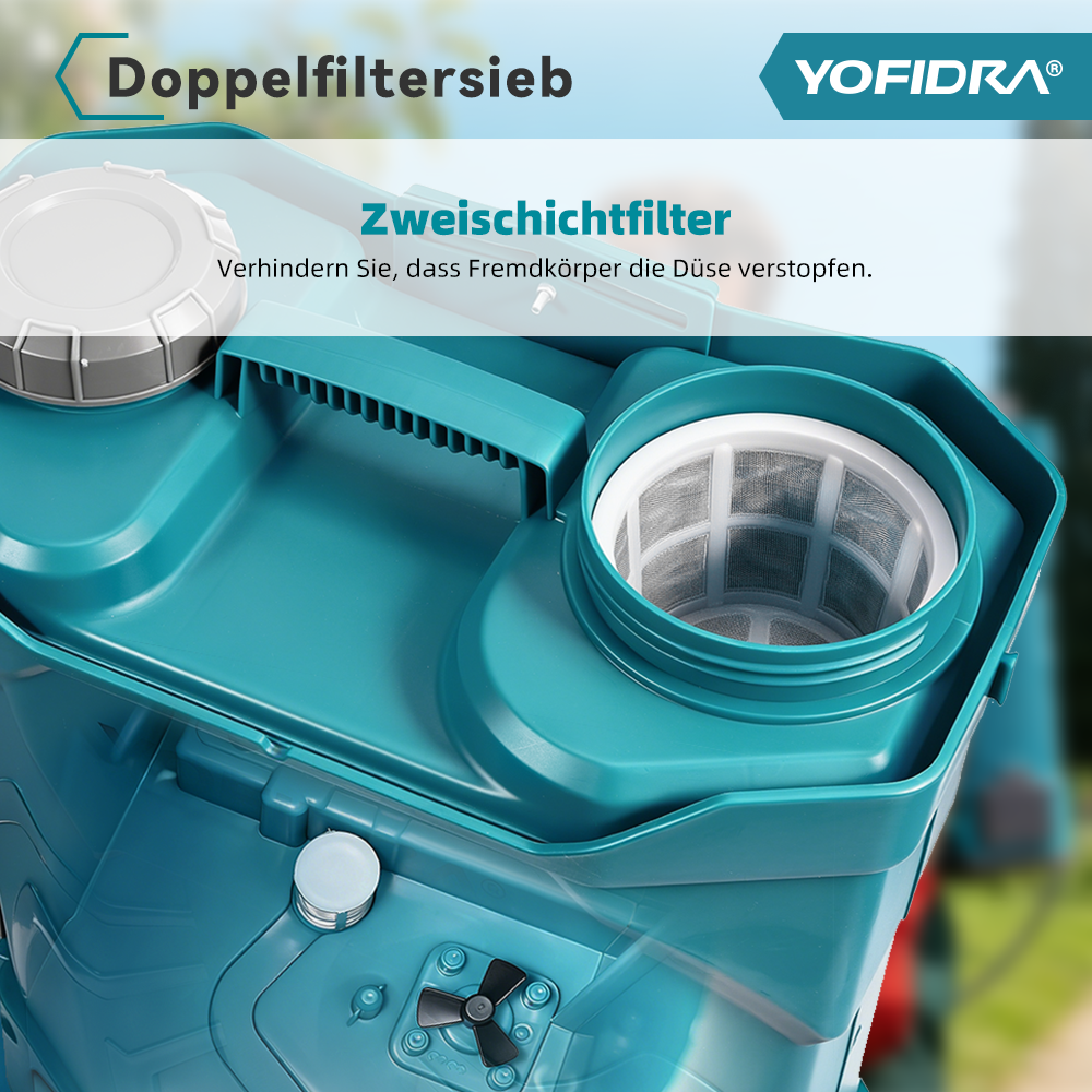 Ein türkisfarbener Sprüher mit zwei Filtern und Text. YOFIDRA Logo.