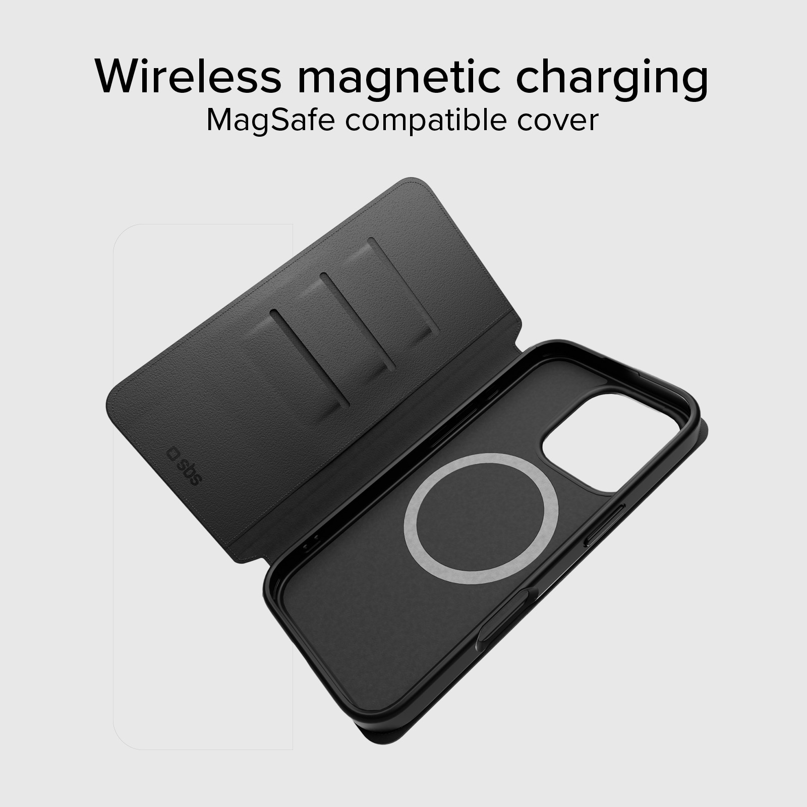 Funda de teléfono negra con anillo magnético para carga MagSafe.