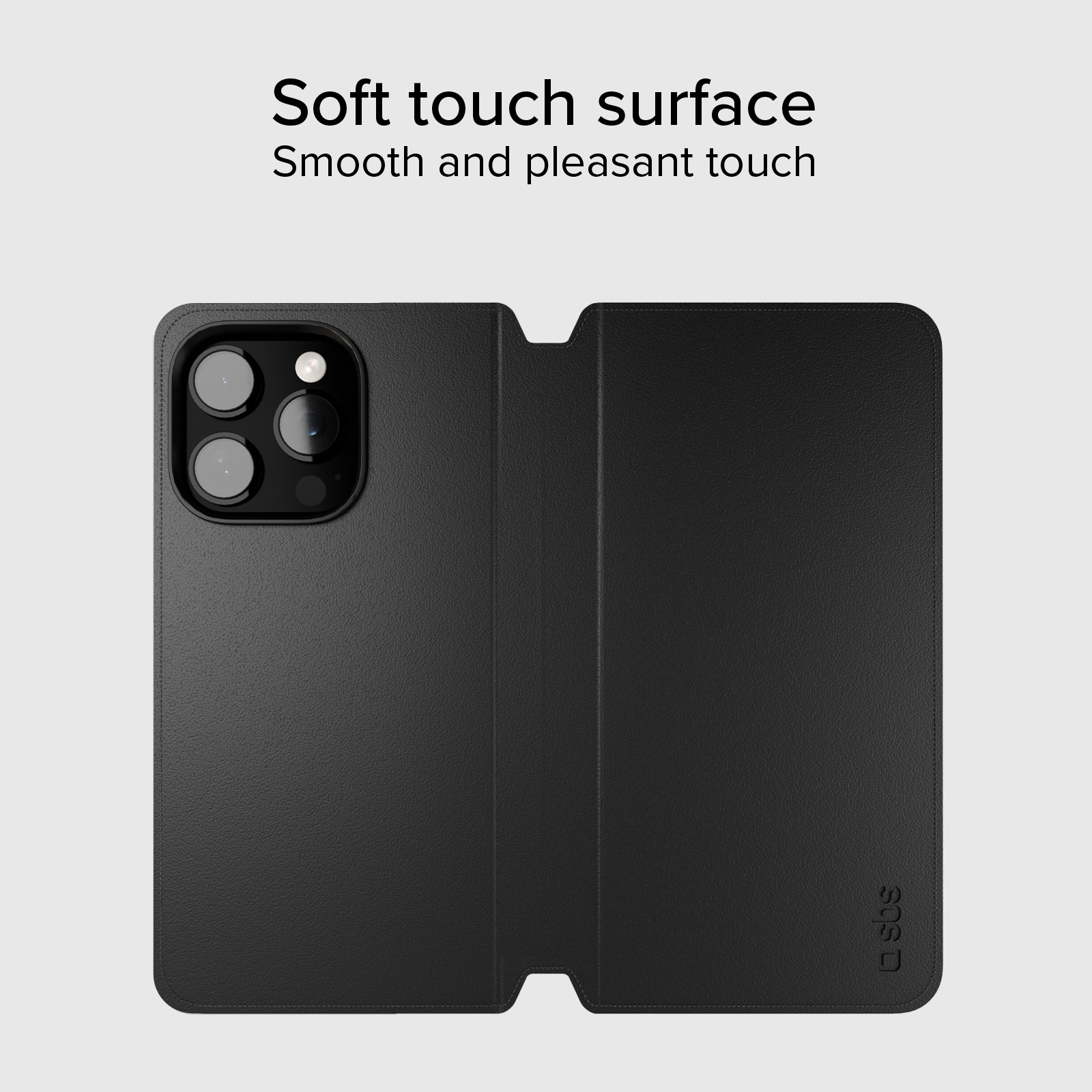 Funda negra abatible para teléfono con módulo de cámara visible y logo SBS.