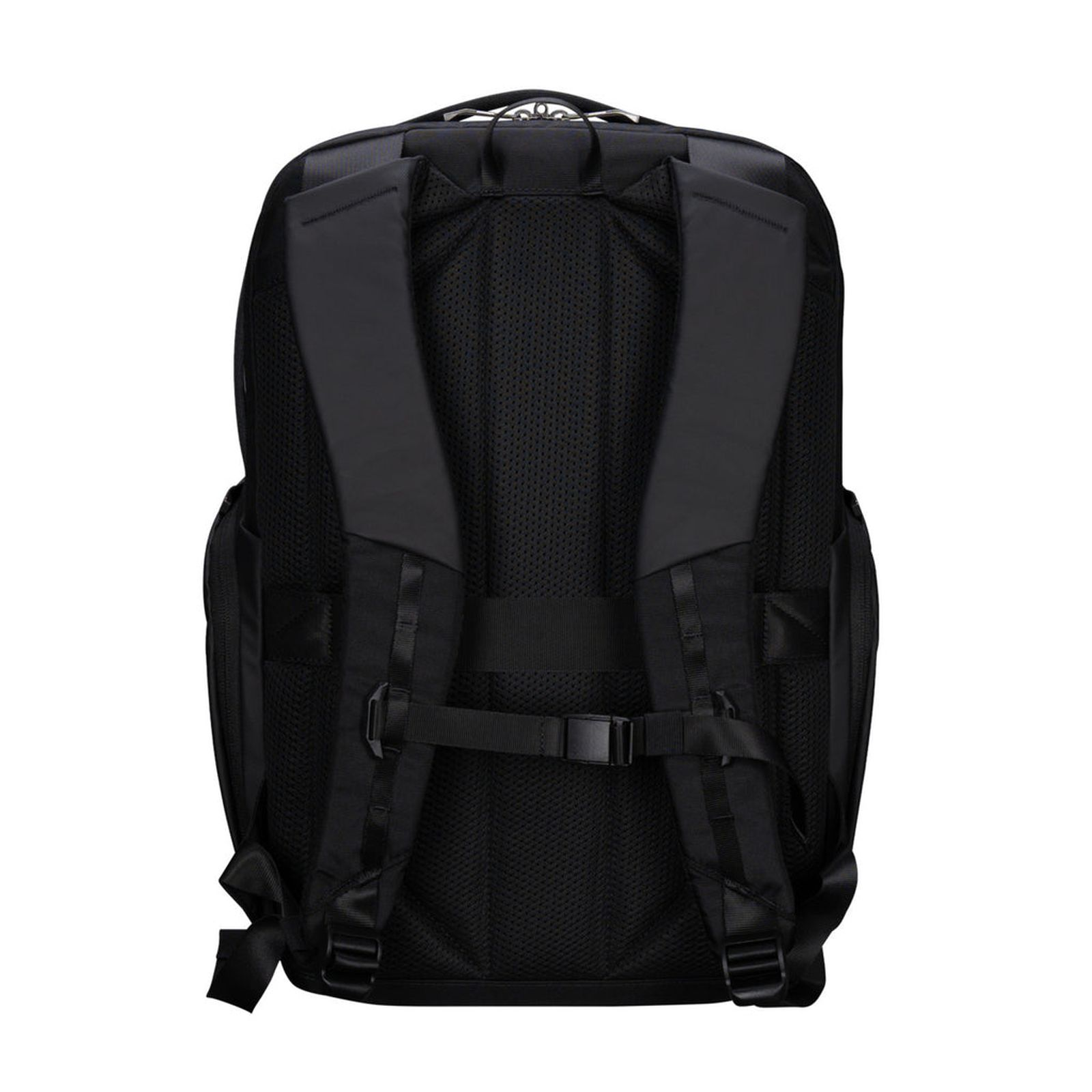 Rückansicht eines schwarzen Rucksacks mit gepolstertem Rücken und Trägern.