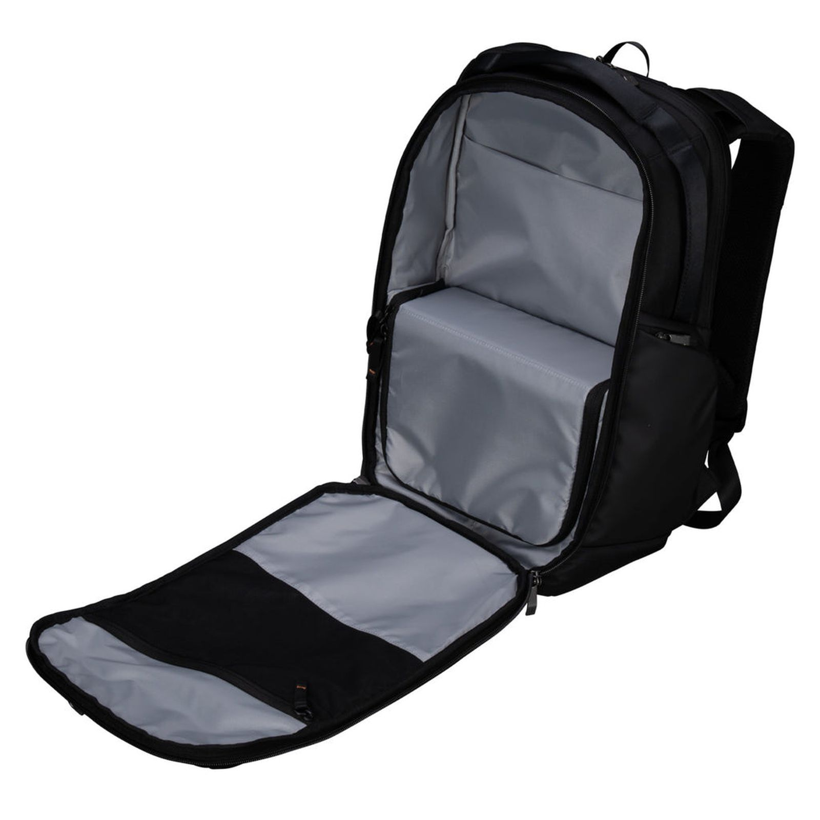 Ein offener schwarzer Rucksack mit grauem Innenfutter und mehreren Fächern.